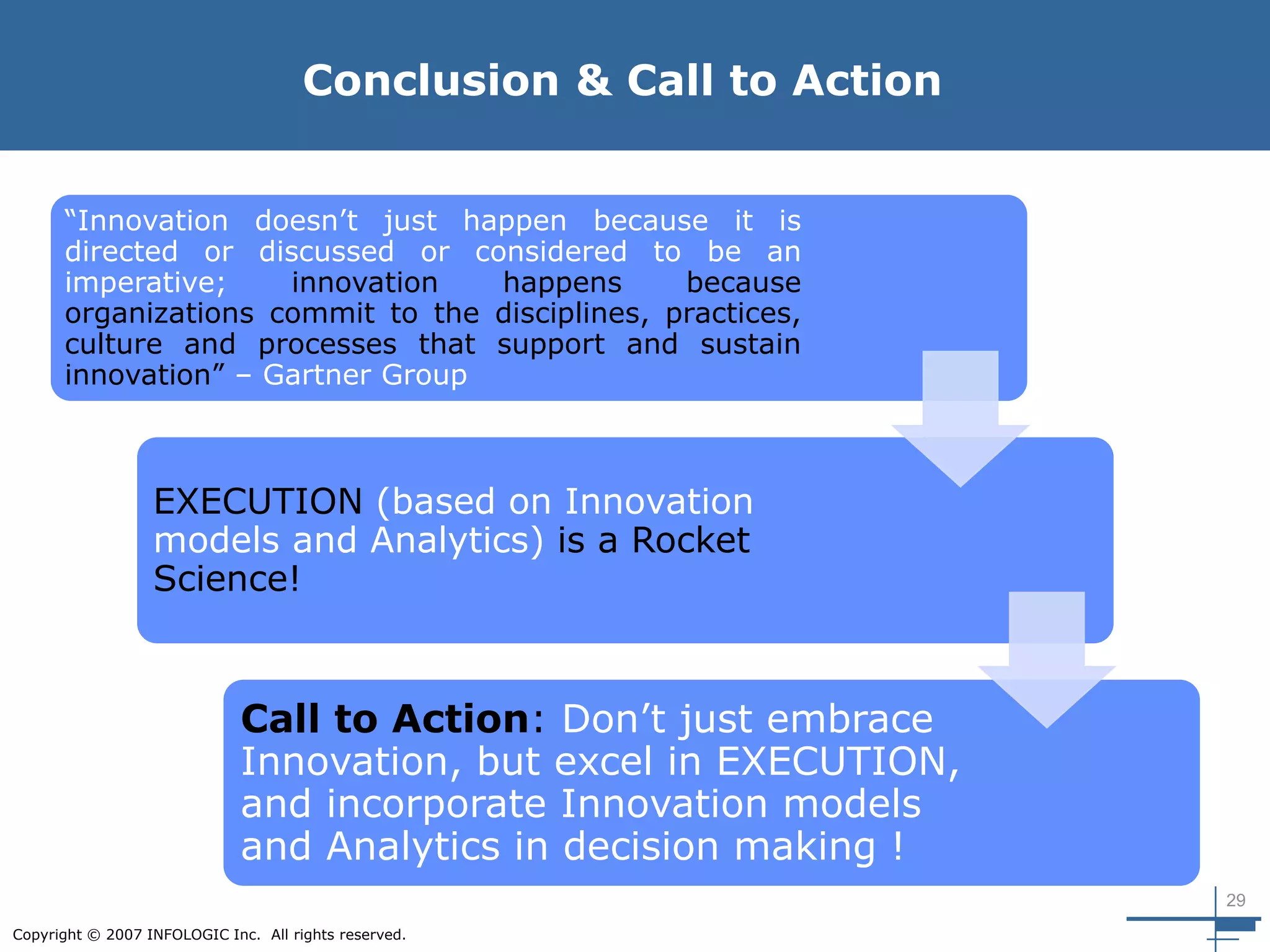 29
Copyright © 2007 INFOLOGIC Inc. All rights reserved.
“Innovation doesn’t just happen because it is
directed or discussed or considered to be an
imperative; innovation happens because
organizations commit to the disciplines, practices,
culture and processes that support and sustain
innovation” – Gartner Group
EXECUTION (based on Innovation
models and Analytics) is a Rocket
Science!
Call to Action: Don’t just embrace
Innovation, but excel in EXECUTION,
and incorporate Innovation models
and Analytics in decision making !
Conclusion & Call to Action
 
