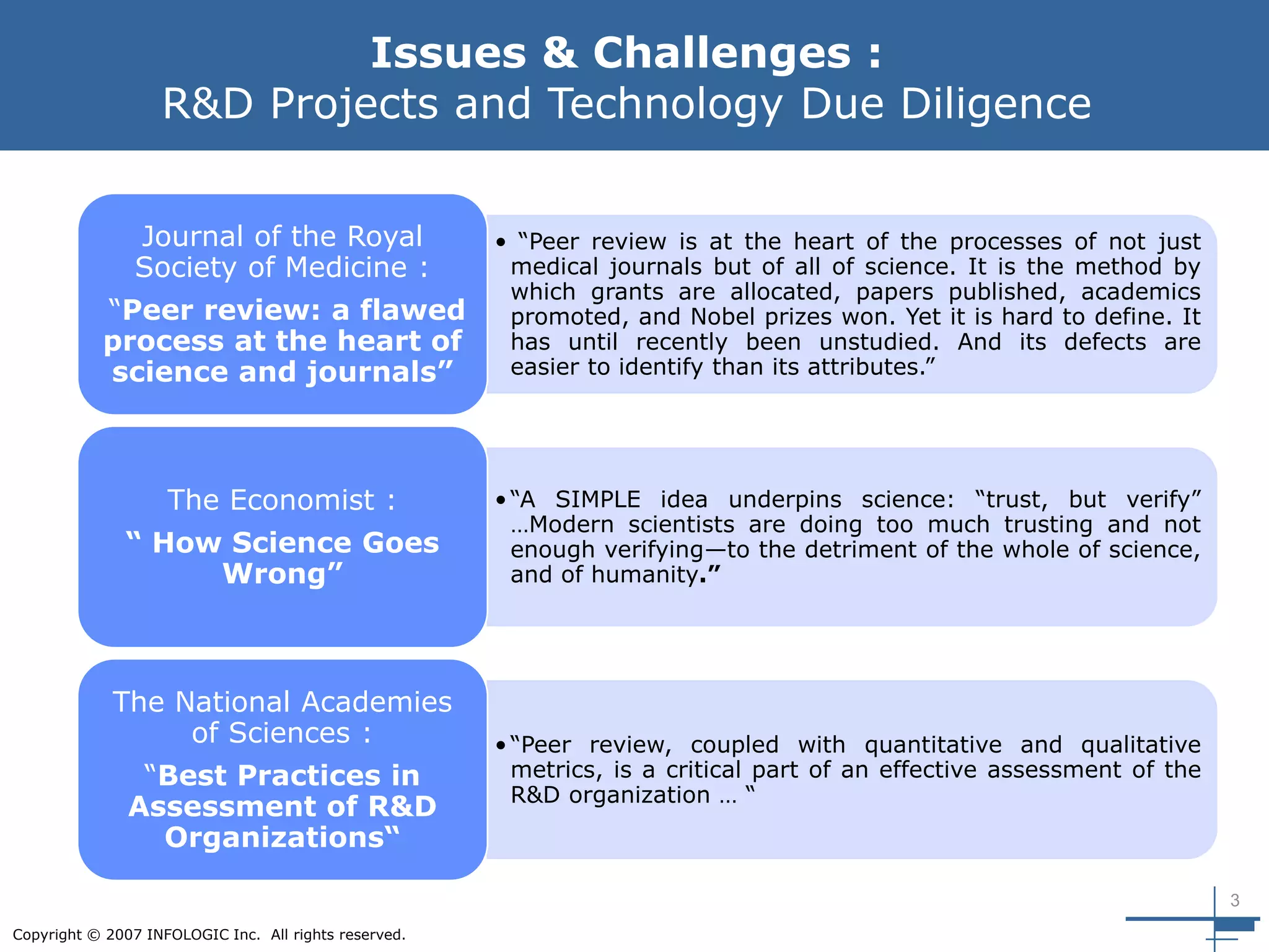 3
Copyright © 2007 INFOLOGIC Inc. All rights reserved.
Issues & Challenges :
R&D Projects and Technology Due Diligence
• “Peer review is at the heart of the processes of not just
medical journals but of all of science. It is the method by
which grants are allocated, papers published, academics
promoted, and Nobel prizes won. Yet it is hard to define. It
has until recently been unstudied. And its defects are
easier to identify than its attributes.”
Journal of the Royal
Society of Medicine :
“Peer review: a flawed
process at the heart of
science and journals”
•“A SIMPLE idea underpins science: “trust, but verify”
…Modern scientists are doing too much trusting and not
enough verifying—to the detriment of the whole of science,
and of humanity.”
The Economist :
“ How Science Goes
Wrong”
•“Peer review, coupled with quantitative and qualitative
metrics, is a critical part of an effective assessment of the
R&D organization … “
The National Academies
of Sciences :
“Best Practices in
Assessment of R&D
Organizations“
 