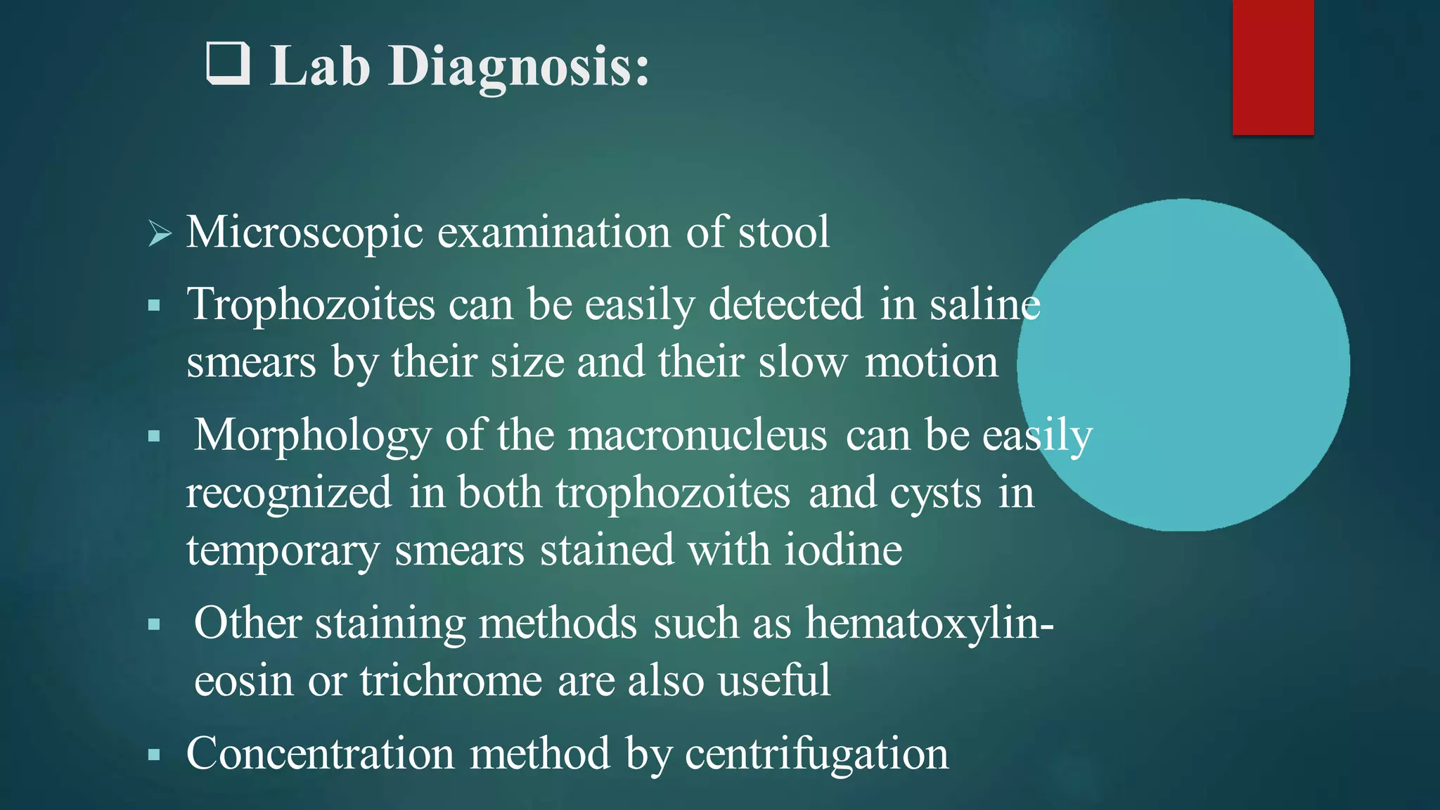❑ Lab Diagnosis:
➢ Microscopic examination of stool
▪ Trophozoites can be easily detected in saline
smears by their size and their slow motion
▪ Morphology of the macronucleus can be easily
recognized in both trophozoites and cysts in
temporary smears stained with iodine
▪ Other staining methods such as hematoxylin-
eosin or trichrome are also useful
▪ Concentration method by centrifugation
 