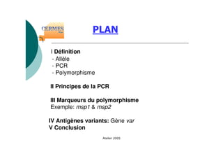 I Définition
- Allèle
- PCR
- Polymorphisme
II Principes de la PCR
III Marqueurs du polymorphisme
Exemple: msp1 & msp2
IV Antigènes variants: Gène var
V Conclusion