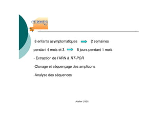 8 enfants asymptomatiques 2 semaines
pendant 4 mois et 3 5 jours pendant 1 mois
- Extraction de l’ARN & RT-PCR
-Clonage et séquençage des amplicons
-Analyse des séquences