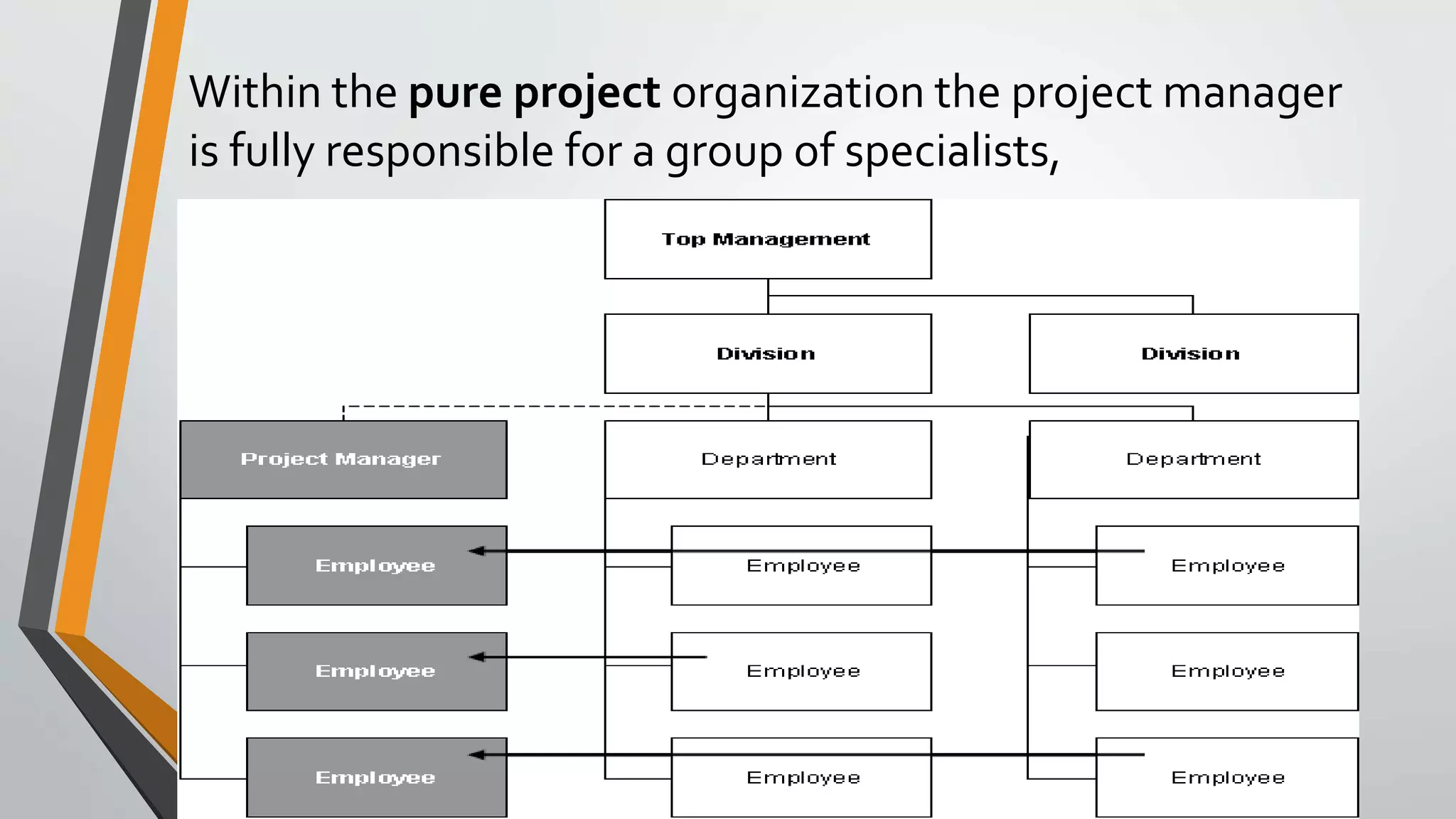Within the pure project organization the project manager
is fully responsible for a group of specialists,
 