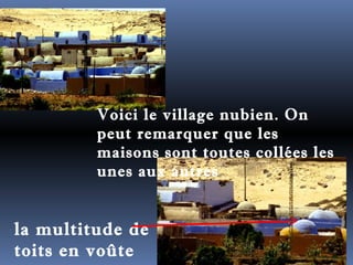 Voici le village nubien. On 
peut remarquer que les 
maisons sont toutes collées les 
unes aux autres 
la multitude de 
toits en voûte 
 