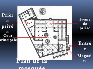 Iwane 
de 
prière 
Entré 
e 
Magasi 
n 
Prièr 
e 
privé 
e 
Cour 
principale 
Plan de la 
mosquée 
 