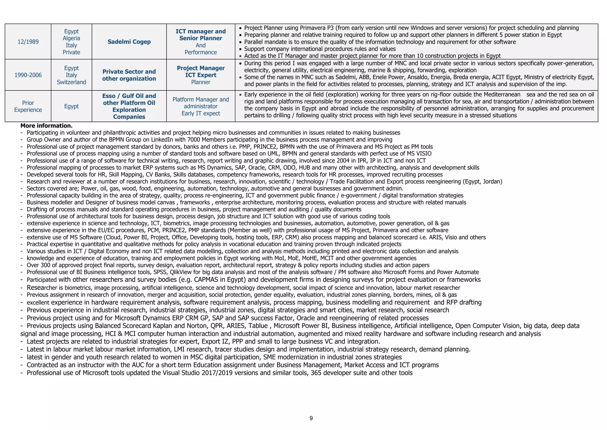 9
12/1989
Egypt
Algeria
Italy
Private
Sadelmi Cogep
ICT manager and
Senior Planner
And
Performance
• Project Planner using Primavera P3 (from early version until new Windows and server versions) for project scheduling and planning
• Preparing planner and relative training required to follow up and support other planners in different 5 power station in Egypt
• Parallel mandate is to ensure the quality of the information technology and requirement for other software
• Support company international procedures rules and values
• Acted as the IT Manager and master project planner for more than 10 construction projects in Egypt
1990-2006
Egypt
Italy
Switzerland
Private Sector and
other organization
Project Manager
ICT Expert
Planner
• During this period I was engaged with a large number of MNC and local private sector in various sectors specifically power-generation,
electricity, general utility, electrical engineering, marine & shipping, forwarding, exploration
• Some of the names in MNC such as Sadelmi, ABB, Enele Power, Ansaldo, Energia, Breda energia, ACIT Egypt, Ministry of electricity Egypt,
and power plants in the field for activities related to processes, planning, strategy and ICT analysis and supervision of the imp.
Prior
Experience
Egypt
Esso / Gulf Oil and
other Platform Oil
Exploration
Companies
Platform Manager and
administrator
Early IT expect
• Early experience in the oil field (exploration) working for three years on rig-floor outside the Mediterranean sea and the red sea on oil
rigs and land platforms responsible for process execution managing all transaction for sea, air and transportation / administration between
the company basis in Egypt and abroad include the responsibility of personnel administration, arranging for supplies and procurement
pertains to drilling / following quality strict process with high level security measure in a stressed situations
More information.
- Participating in volunteer and philanthropic activities and project helping micro businesses and communities in issues related to making businesses
- Group Owner and author of the BPMN Group on LinkedIn with 7000 Members participating in the business process management and improving
- Professional use of project management standard by donors, banks and others i.e. PMP, PRINCE2, BPMN with the use of Primavera and MS Project as PM tools
- Professional use of process mapping using a number of standard tools and software based on UML, BPMN and general standards with perfect use of MS VISIO
- Professional use of a range of software for technical writing, research, report writing and graphic drawing, involved since 2004 in IPR, IP in ICT and non ICT
- Professional mapping of processes to market ERP systems such as MS Dynamics, SAP, Oracle, CRM, ODO, HUB and many other with architecting, analysis and development skills
- Developed several tools for HR, Skill Mapping, CV Banks, Skills databases, competency frameworks, research tools for HR processes, improved recruiting processes
- Research and reviewer at a number of research institutions for business, research, innovation, scientific / technology / Trade Facilitation and Export process reengineering (Egypt, Jordan)
- Sectors covered are; Power, oil, gas, wood, food, engineering, automation, technology, automotive and general businesses and government admin.
- Professional capacity building in the area of strategy, quality, process re-engineering, ICT and government public finance / e-government / digital transformation strategies
- Business modeller and Designer of business model canvas , frameworks , enterprise architecture, monitoring process, evaluation process and structure with related manuals
- Drafting of process manuals and standard operating procedures in business, project management and auditing / quality documents
- Professional use of architectural tools for business design, process design, job structure and ICT solution with good use of various coding tools
- extensive experience in science and technology, ICT, biometrics, image processing technologies and businesses, automation, automotive, power generation, oil & gas
- extensive experience in the EU/EC procedures, PCM, PRINCE2, PMP standards (Member as well) with professional usage of MS Project, Primavera and other software
- extensive use of MS Software (Cloud, Power BI, Project, Office, Developing tools, hosting tools, ERP, CRM) also process mapping and balanced scorecard i.e. ARIS, Visio and others
- Practical expertise in quantitative and qualitative methods for policy analysis in vocational education and training proven through indicated projects
- Various studies in ICT / Digital Economy and non ICT related data modelling, collection and analysis methods including printed and electronic data collection and analysis
- knowledge and experience of education, training and employment policies in Egypt working with MoI, MoE, MoHE, MCIT and other government agencies
- Over 300 of approved project final reports, survey design, evaluation report, architectural report, strategy & policy reports including studies and action papers
- Professional use of BI Business intelligence tools, SPSS, QlikView for big data analysis and most of the analysis software / PM software also Microsoft Forms and Power Automate
- Participated with other researchers and survey bodies (e.g. CAPMAS in Egypt) and development firms in designing surveys for project evaluation or frameworks
- Researcher is biometrics, image processing, artificial intelligence, science and technology development, social impact of science and innovation, labour market researcher
- Previous assignment in research of innovation, merger and acquisition, social protection, gender equality, evaluation, industrial zones planning, borders, mines, oil & gas
- excellent experience in hardware requirement analysis, software requirement analysis, process mapping, business modelling and requirement and RFP drafting
- Previous experience in industrial research, industrial strategies, industrial zones, digital strategies and smart cities, market research, social research
- Previous project using and for Microsoft Dynamics ERP CRM GP, SAP and SAP success Factor, Oracle and reengineering of related processes
- Previous projects using Balanced Scorecard Kaplan and Norton, QPR, ARIES, Tablue , Microsoft Power BI, Business intelligence, Artificial intelligence, Open Computer Vision, big data, deep data
signal and image processing, HCI & MCI computer human interaction and industrial automation, augmented and mixed reality hardware and software including research and analysis
- Latest projects are related to industrial strategies for expert, Export IZ, PPP and small to large business VC and integration.
- Latest in labour market labour market information, LMI research, tracer studies design and implementation, industrial strategy research, demand planning.
- latest in gender and youth research related to women in MSC digital participation, SME modernization in industrial zones strategies
- Contracted as an instructor with the AUC for a short term Education assignment under Business Management, Market Access and ICT programs
- Professional use of Microsoft tools updated the Visual Studio 2017/2019 versions and similar tools, 365 developer suite and other tools
 