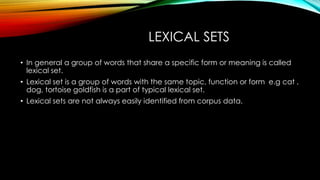 LEXICAL SETS
• In general a group of words that share a specific form or meaning is called
lexical set.
• Lexical set is a group of words with the same topic, function or form e.g cat ,
dog, tortoise goldfish is a part of typical lexical set.
• Lexical sets are not always easily identified from corpus data.
 