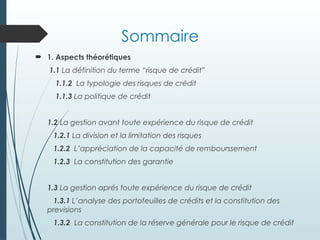 Sommaire
 1. Aspects théorétiques
1.1 La définition du terme “risque de crédit”
1.1.2 La typologie des risques de crédit
1.1.3 La politique de crédit
1.2 La gestion avant toute expérience du risque de crédit
1.2.1 La division et la limitation des risques
1.2.2 L’appréciation de la capacité de rembourssement
1.2.3 La constitution des garantie
1.3 La gestion aprés toute expérience du risque de crédit
1.3.1 L’analyse des portofeuilles de crédits et la constitution des
previsions
1.3.2 La constitution de la réserve générale pour le risque de crédit
 