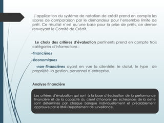 L’application du système de notation de crédit prend en compte les
scores de comparaison par le demandeur pour l’ensemble limite de
prêt. Ce résultat n’est qu’une base pour la prise de prêts, ce dernier
renvoyant le Comité de Crédit.
Le choix des critères d’évaluation pertinents prend en compte trois
catégories d’informations :
-financières
-économiques
-non-financières ayant en vue la clientèle: le statut, le type de
propriété, la gestion, personnel d’entreprise.
Analyse financière
Les critères d’évaluation qui sont à la base d’évaluation de la performance
financière et de la capacité du client d’honorer ses échéances de la dette
sont déterminés par chaque banque individuellement et préalablement
approuve par le BNR-Département de surveillance.
 