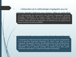  L’élaboration de la méthodologie d’agrégation pour les
marques globales obtenues pour chaque critère en particulière.
 L’analyse fondée sur les perspectives financières de trésorerie-
débit
La méthodologie de construction des résultats d’agrégation obtenue
envisage l’importation de chaque critère dans tous les indicateurs
considérés. Les systèmes de notation utilisent souvent les systèmes de
cotation utilise méthode d’agrégation, en estimant qu’il se rapproche le
mieux toutes les situations possibles.
L’analyste du crédit doit fonder la décision de crédit non uniquement
sur la situation financière historique du client, mais aussi sur sa
capacité de générer des flux de trésorerie futurs et de rembourser le
prêt et payer l’intéret. L’instrument utilise à cet effet est le flux de
trésorerie, c’est la période donnée. Le résultat peut être positif
(trésorerie disponible) ou négative (liquidités nécessaires).
 