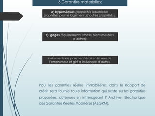 6.Garanties materielles:
a) hypothèques (propriétés industrielles,
propriétes pour le logement ,d’autres propriétés );
b) gages (équipements, stocks, biens meubles,
d’autres);
c) cessions de créances (dûes , futures,
instruments de paiement émis en faveur de
l’emprunteur et giré a la Banque d’autres,
d’autres garanties considérées acceptables).
Pour les garanties réelles immobilières, dans le Rapport de
crédit sera fournie toute information qui existe sur les garanties
proposées, obtenues en intterogeant l’ Archive Electronique
des Garanties Réelles Mobilières (AEGRM).
 