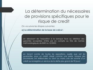 La détermination du nécessaires
de provisions spécifiques pour le
risque de credit
On va suivre les étapes suivantes:
a) La détermination de la base de calcul :
en déduisant de l’exposition à la banque face au débiteur des
garanties acceptées d’être pris en compte au titre de normes
méthodologiques de BNR no.12/2002;
en tenant comte de toutes les expositions, quelle que soit les
guaranties, pour un crédit classé comme une perte, lorsque des
procédures ont étélancées ou dont au moins une de somme d’un
crédit qui enregistre un service de la dette plus grand de 90 jours;
 