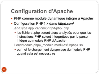 19
Configuration d'Apache
 PHP comme module dynamique intégré à Apache
 Configuration PHP4.x dans httpd.conf
AddType application/x-httpd-php .php
 les fichiers .php seront alors analysés pour que les
instructions PHP soient interprétées par le parser
intégré au module PHP d'Apache
LoadModule php4_module modules/libphp4.so
 permet le chargement dynamique du module PHP
quand cela est nécessaire
 