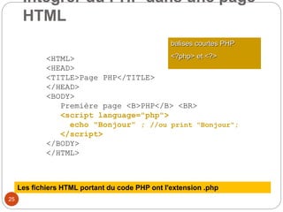 25
<HTML>
<HEAD>
<TITLE>Page PHP</TITLE>
</HEAD>
<BODY>
Première page <B>PHP</B> <BR>
<script language="php">
echo "Bonjour" ; //ou print "Bonjour";
</script>
</BODY>
</HTML>
balises courtes PHP
<?php> et <?>
Les fichiers HTML portant du code PHP ont l'extension .php
Intégrer du PHP dans une page
HTML
 