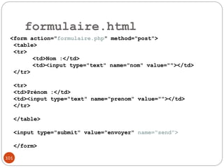 101
formulaire.html
<form action="formulaire.php" method="post">
<table>
<tr>
<td>Nom :</td>
<td><input type="text" name="nom" value=""></td>
</tr>
<tr>
<td>Prénom :</td>
<td><input type="text" name="prenom" value=""></td>
</tr>
</table>
<input type="submit" value="envoyer" name="send">
</form>
 