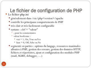 21
Le fichier de configuration de PHP
 Le fichier php.ini
 généralement dans /etc/php<version>/apache
 contrôle les principaux comportements de PHP
 très clair et très facilement configurable
 syntaxe : clef = "valeur"
 ; pour les commentaires
 valeur booléenne :
 vrai = 1, On, True ouYes
 faux = 0, Off, False ou No
 segmenté en parties : options du langage, ressources maximales
allouées à PHP, gestion des erreurs, gestion des données HTTP,
fichiers et répertoires, ajout et configuration des modules PHP
(mail, SGBD, debugger, …)
 
