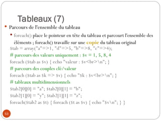 53
Tableaux (7)
 Parcours de l'ensemble du tableau
 foreach() place le pointeur en tête du tableau et parcourt l'ensemble des
éléments ; foreach() travaille sur une copie du tableau original
$tab = array("a"=>1, "d"=>5, "b"=>8, "c"=>4);
# parcours des valeurs uniquement : $v = 1, 5, 8, 4
foreach ($tab as $v) { echo "valeur : $v<br>n"; }
# parcours des couples clé/valeur
foreach ($tab as $k => $v) { echo "$k : $v<br>n"; }
# tableaux multidimensionnels
$tab2[0][0] = "a"; $tab2[0][1] = "b";
$tab2[1][0] = "y"; $tab2[1][1] = "z";
foreach($tab2 as $t) { foreach ($t as $v) { echo "$vn"; } }
 