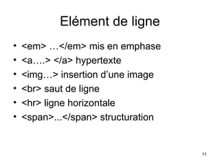 11
Elément de ligne
• <em> …</em> mis en emphase
• <a….> </a> hypertexte
• <img…> insertion d’une image
• <br> saut de ligne
• <hr> ligne horizontale
• <span>...</span> structuration
 