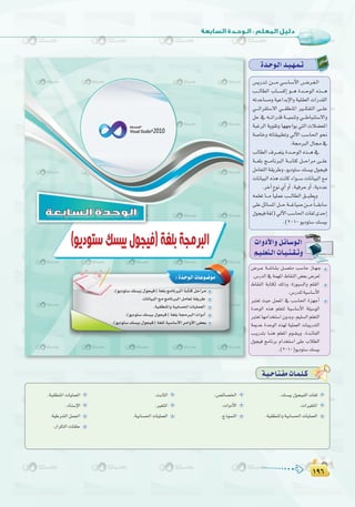 ±π∂
:
±π∂
Ió`Mƒ`dGó`«`¡`ª`J
¢ùjQó`J ø````e »`°SÉ`°SC’G ¢```Vô`¨`dG
Ö```dÉ£dG ÜÉ```°ùcEG ƒ```g Ió```MƒdG √ò````g
¬JóYÉ°ùeh á«YGóHE’Gh á«∏≤©dG äGQó≤dG
»```FGô≤à°S’G »```≤£æŸG Ò```µØàdG ≈```∏Y
πM ‘ ¬```JGQób á```«ªæJh »```WÉÑæà°S’Gh
áÑZôdG ájƒ≤Jh É¡¡LGƒj »àdG äÓ°†©ŸG
á°UÉNh ¬JÉ≤«Ñ£Jh ‹B’G Ö°SÉ◊G ƒëf
.á›ÈdG∫É›‘
ÖdÉ£dG ±ô```©àj Ió```MƒdG √ò```g ‘
á```¨∏H è```eÉfÈdG á```HÉàc π```MGôe ≈```∏Y
πeÉ©àdGá≤jôWh,ƒjOƒà°S∂°ù«H∫ƒé«a
äÉfÉ«ÑdG √òg âfÉc AGƒ```°S äÉfÉ«ÑdG ™e
.ôNBG´ƒf…CGhCG,á«aôMhCG,ájOóY
¬ª∏©J É```e kÉ«∏ªY Ö```dÉ£dG ≥```Ñ£jh
≈∏YπFÉ°ùŸGπ```Má```ZÉ«°Uø```e kÉ```≤HÉ°S
∫ƒé«aá¨d)‹B’GÖ°SÉ◊GäÉ¨dióMEG
.(2010ƒjOƒà°S∂°ù«H
:Ió`Mƒ`dGäÉ`Yƒ`°Vƒ`e
‫اﻟﺴﺎﺑﻌﺔ‬ ‫اﻟﻮﺣﺪة‬
á`«`MÉ`à`ØeäÉ`ª`∏`c
äGhOC’Ghπ`FÉ`°Sƒ`dG
º`«`∏©à`dGäÉ`«`æ`≤`Jh
¢Vô``Y á``°TÉ°ûH π``°üàe Ö`°SÉM RÉ`¡`L
.¢SQódG‘áª¡ŸG•É≤ædG¢†©H¢Vô©d
•É≤ædG áHÉàµd ∂dPh :IQƒÑ°ùdGh º∏≤dG
.¢SQó∏dá«°SÉ°SC’G
Èà©J å«M πª©ŸG ‘ Ö°SÉ◊G Iõ¡LCG
IóMƒdG √òg º∏©àd á«°SÉ°SC’G á∏«°SƒdG
Èà©JÉ¡eGóîà°SG¿hóHh,º«∏°ùdGº∏©àdG
áÁóY IóMƒdG √ò¡d á«∏ª©dG äÉÑjQóàdG
Ö``jQóàH É``æg º∏©ŸG Ωƒ``≤``jh .Ió``FÉØdG
∫ƒé«a èeÉfôH ΩGóîà°SG ≈∏Y ÜÓ£dG
.(2010)ƒjOƒà°S∂°ù«H
¢Vô``Y á``°TÉ°ûH π``°üàe Ö`°SÉM RÉ`¡`L
.∂°ù«H ∫ƒé«ØdG äÉ¨d
.äGÒ¨àŸG
.á«≤£æŸGh á«HÉ°ù◊G äÉ«∏ª©dG
.¢üFÉ°üÿG
.äGhOC’G
.êPƒªædG
.âHÉãdG
.Ò¨àŸG
.á«HÉ°ù◊G äÉ«∏ª©dG
.á«≤£æŸG äÉ«∏ª©dG
.OÉæ°SE’G
.á«Wô°ûdG πª÷G
.QGôµàdG äÉ≤∏M
 