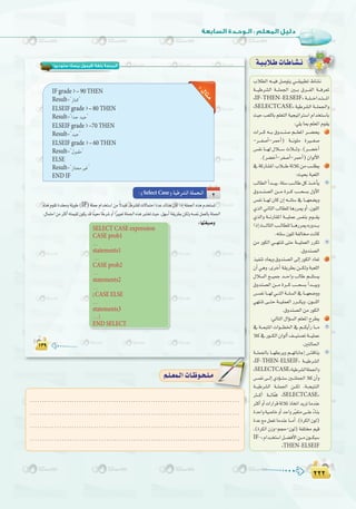 ≤≤≤
:
≤≤≤
ÜÓ£dG ¬```«a π°Uƒàj »```≤«Ñ£J •É°ûf
á```«Wô°ûdG á```∏ª÷G Ú```H ¥ô```ØdG á```aô©Ÿ
zIF-THEN-ELSEIF{ á```∏```NGó``à````ŸG
zSELECTCASE{ á«Wô°ûdG á```∏ª÷Gh
å«MÖ©∏dÉHº∏©àdGá«é«JGÎ°SGΩGóîà°SÉH
:»∏jÉÃº∏©ŸGΩƒ≤j
äGô```c ¬```H ¥hó```æ°U º```∏©ŸG ô```°†ëj 1
-ô```Ø°UCG-ôªMCG) á```fƒ∏e IÒ```¨°U
¢ùØf É```¡d ∫Ó```°S çÓ```Kh ,(ô```°†NCG
.(ô°†NCG-ôØ°UCG-ôªMCG)¿GƒdC’G
‘ácQÉ°ûŸGÜÓ```WáKÓKøeÖ```∏£j 2
:å«ëHáÑ©∏dG
ÖdÉ£dGCGó```Ñj,á∏°SÖ```dÉWπcò```NCÉj
¥hó```æ°üdG ø```e Iô```c Ö```ë°ùH ∫hC’G
¢ùØf É```¡d ¿Éc ¿EG ¬```à∏°S ‘ É```¡©°†jh
…òdGÊÉãdGÖdÉ£∏dÉgQôÁhCG,¿ƒ∏dG
…òdGh á```fQÉ≤ŸG á```«∏ªY ¢ùØæH Ωƒ```≤j
GPEGå```dÉãdGÖ```dÉ£∏dÉ```gQôÁ√Qhó```H
.¬à∏°S¿ƒ∏dáØdÉâfÉc
øe QƒµdG »```¡àæJ ≈àM á```«∏ª©dG QôµJ
.¥hóæ°üdG
ò«ØæJOÉ©jh¥hóæ°üdG≈dEGQƒµdGOÉ©J 3
¿CG »gh ,iôNCG á≤jô£H ø```µdh áÑ©∏dG
∫Ó°ùdG ™```«ªL ó```MGh ÖdÉW º```∏à°ùj
¥hóæ°üdG ø```e Iô```c Ö```ë°ùH CGó```Ñjh
¢```ùØfÉ```¡d»```àdGá```∏°ùdG‘É```¡©°Vhh
»¡àæJ ≈```àM á```«∏ª©dG Qô```µjh ,¿ƒ```∏dG
.¥hóæ°üdGøeQƒµdG
:‹ÉàdG∫GDƒ°ùdGº∏©ŸGìô£j 4
‘ á```©ÑàŸG äGƒ```£ÿG ‘ º```µjCGQ É```e
Óc‘Qƒ```µdG¿GƒdCG∞```«æ°üJá```«∏ªY
.ÚàdÉ◊G
á```∏ª÷ÉH É```¡£Hôjh º```¡JÉHÉLEG ¢```ûbÉæj
zIF-THEN-ELSEIF{ á```«Wô°ûdG
zSELECTCASE{á«Wô°ûdGá∏ª÷Gh
¢```ùØf≈```dEG…ODƒ```à°SÚ```à∏ª÷GÓc¿CGh
á```«Wô°ûdG á```∏ª÷G ø```µd ,á```é«àædG
Ì```cCG á```dÉq©a zSELECTCASE{
ÌcCGhCGäGQGôbáKÓKPÉîJGójôJÉeóæY
IóMGhá«°UÉNhCGóMGh qÒ¨àe≈```∏Y kAÉæH
IóY™eπª©JÉeóæYÉ```eCG.(IôµdG¿ƒd)
,(IôµdG ¿Rh-ºéM-¿ƒd) áØ∏à º«b
IF-{ΩGó```îà°SGπ```°†aC’Gø```e¿ƒ```µ«°S
zTHEN-ELSEIF
á`«`HÓ`WäÉ`WÉ`°û`f
ÜÓ£dG ¬```«a π°Uƒàj »```≤«Ñ£J •É°ûf
(‫ﺳﺘﻮدﻳﻮ‬ ‫ﺑﻴﺴﻚ‬ ‫)ﻓﻴﺠﻮل‬ ‫ﺑﻠﻐﺔ‬ ‫اﻟﺒﺮﻣﺠﺔ‬
IF grade 90 THEN
Result
ELSEIF grade 80 THEN
Result
ELSEIF grade 70 THEN
Result
ELSEIF grade 60 THEN
Result
ELSE
Result
END IF
IF
:É¡à¨«°Uh
SELECT CASE expression
CASE prob1
statements1
CASE prob2
statements2
CASE ELSE
statements3
END SELECT
Select Case
.....................................................................................
.....................................................................................
.....................................................................................
.....................................................................................
º`∏`©ª`dGäÉ`Xƒ`ë`∏`eº`∏`©ª`dGäÉ`Xƒ`ë`∏`e
 