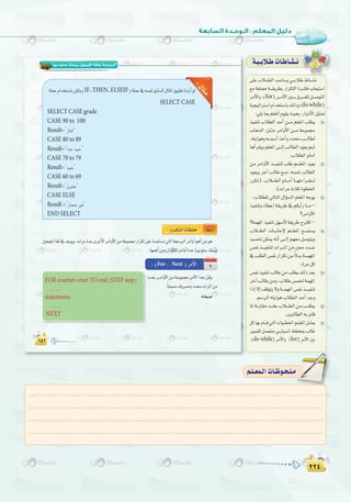≤≤¥
:
≤≤¥
≈∏Y ÜÓ```£dG ó```YÉ°ùj »```HÓW •É```°ûf
™e á©à‡ á```≤jô£H QGôµàdG Iô```µa ÜÉ©«à°SG
ôeC’Gh,(for)ô```eC’GÚ```H¥ô```Ø∏dπ```°UƒàdG
á«é«JGÎ°SGΩGóîà°SÉH∂dPh(dowhile)
:»∏jÉÃº∏©ŸGΩƒ≤jå«ëH,QGhOC’Gπ«ã“
ò«ØæJ ÜÓ£dG óMCG ø```e º∏©ŸG Ö∏£j
ÜÉgòdG :π```ãe ôeGhC’G ø```e áYƒª›
,¬àjGƒgh¬```ª°SCGòNCGhOóÖ```dÉ£d
ÉgCGô≤jhº∏©ŸG≈```dEGÖdÉ£dGOƒ©jº```K
.ÜÓ£dGΩÉeG
øe ôeGhC’G ò```«ØæJ Ö∏W º```∏©ŸG ó«©j
Oƒ©jh ôNBG ÖdÉW ™```e ,¬°ùØf ÖdÉ£dG
Qôµ`J) .ÜÓ```£dG ΩÉ```eCG É```¡JAGô``≤````d
.(äGôeçÓKIƒ£ÿG
:ÜÓ£∏d‹ÉàdG∫GDƒ°ùdGº∏©ŸG¬Lƒj
ò«ØæJhAÉ£YEGá≤jôW‘ºµjCGQÉ```e-
?ôeGhC’G
?áª¡ŸGò«ØæJπ¡°SC’á≤jôWìÎbG-
ÜÓ```£dG äÉ```HÉLE’ º```∏©ŸG ™```ªà°ùj
ójó– øµÁ ¬fCG ≈```dEG º¡©e π°Uƒàjh
¢ùØfò```«ØæàdäGô```ŸGøeÚ©eOó```Y
‘Ö∏£dG¢ùØfQGôµJøek’óHá```ª¡ŸG
.Iôeπc
¢ùØfò«ØæJÖdÉWøeÖ∏£j∂dPó©H
ôNBGÖdÉWøeh,ÜÓW¢ùªÿáª¡ŸG
GPEG’EG∞bƒàj’há```ª¡ŸG¢ùØfò```«ØæJ
.º°SôdG¬àjGƒgÜÓ£dGóMCGóLh
ÉŸáfQÉ≤eó```≤YÜÓ```£dGøeÖ```∏£j
.ÚÑdÉ£dG¬HΩÉb
πcÉ¡HΩÉ````b»àdGäGƒ````£ÿGº````∏©ŸGπ````ãÁ
õ««ªà∏dπ°üØæe»````HÉ«°ùfG§£îÃÖdÉW
.(do while)ôeC’Gh (for)ôeC’GÚH
á`«`HÓ`WäÉ`WÉ`°û`f
≈∏Y ÜÓ```£dG ó```YÉ°ùj »```HÓW •É```°ûf
(‫ﺳﺘﻮدﻳﻮ‬ ‫ﺑﻴﺴﻚ‬ ‫)ﻓﻴﺠﻮل‬ ‫ﺑﻠﻐﺔ‬ ‫اﻟﺒﺮﻣﺠﺔ‬
IF THEN ELSEIF
SELECT CASE
SELECT CASE grade
CASE 90 to 100
Result
CASE 80 to 89
Result
CASE 70 to 79
Result
CASE 60 to 69
Result
CASE ELSE
Result
END SELECT
FOR counter start TO end STEP step
statements
NEXT
For Next
.........................................................................................................................
.........................................................................................................................
.........................................................................................................................
.........................................................................................................................
º`∏`©ª`dGäÉ`Xƒ`ë`∏`eº`∏`©ª`dGäÉ`Xƒ`ë`∏`e
 