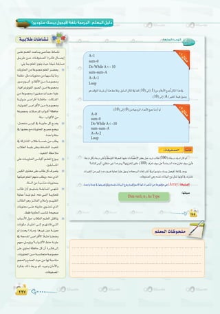 ≤≤∑≤≤∑
( ) :
:‫اﻟﺴﺎﺑﻌﺔ‬ ‫اﻟـﻮﺣـﺪة‬
A 1
sum 0
Do While A 10
sum sum A
A A 1
Loop
10 1
.(10 A
:1:2
.(10 0
A 0
sum 0
Do While A 10
sum sum A
A A 2
Loop
Ék°ùeÉN:äÉ``aƒ``Ø``°üª``dG
100
100
(Array)áaƒØ°üŸG
:É¡à¨«°U
Dim var1 n As Type
≈```∏Yº```∏©ŸGó```YÉ°ùj»```YÉªL•É```°ûf
≥```jôW ø```Y äÉ```aƒØ°üŸG Iô```µa ∫É```°üjEG
:»∏jÉÃº∏©ŸGΩƒ≤jå«Má≤«°Tá≤HÉ°ùe
äÉjhÉ◊GøeáYƒª›º∏©ŸGô```°†ëj
áª∏≤e:πãeäÉjƒàøeÉ¡Ñ°SÉæjÉeh
Qƒ°UΩƒ```ÑdCG,ΩÓbC’Gø```eá```Yƒª›h
,á«aGôZƒJƒØdGQƒ°üdGø```eáYƒª›h
øe áYƒª›h IÒ```¨°U äGó```©e áÑ∏Y
á```«Fƒ°V ¢```UGôbCG á```¶aÉM ,äÉµ```ØŸG
,á«Fƒ°†dG ¢```UGôbC’G ø```e á```Yƒª›h
áYƒª›h äÓ```Mô∏d ÜGƒ```cCG á¶aÉM
.á∏°S,ÜGƒcC’Gøe
,π°üØæe ¢```ù«c ‘ á```jhÉM πc ™```°†j
‘É¡°†©H™eäÉjƒàëŸG™```«ªL™°†jh
.IóMGhá∏°S
‘ ácQÉ°ûŸG ÜÓW á```°ùªN øe Ö∏£j
ÜÓ£dGá```«≤H≈∏Yh•É```°ûædGò```«ØæJ
.ò«ØæàdGá¶MÓe
≈∏YäÉ```jhÉ◊G¢```SÉ«cCGº```∏©ŸG´Rƒ```j
.Ú≤HÉ°ùàŸG
¢ù«µdGiƒà≈∏YÖdÉWπc±ô```©àj
É¡àÄÑ©Jº∏©ŸGº¡æeÖ∏£jh,¬©e…òdG
.á∏°ùdGøeáÑ°SÉæeäÉjƒàëÃ
ÖdÉW ∫hCG º```«∏°ùàH á```≤HÉ°ùŸG »```¡àæJ
á«∏ªYCGó```ÑJº```K.¬©e»```àdGá```jhÉë∏d
ÖdÉ£dGƒghõ```FÉØdG¿ÓYEGhº```««≤àdG
äÉjƒà ≈```∏Y ¬àjhÉM …ƒ```à– …òdG
.§≤aájhÉ◊GÖ°SÉæJáë«ë°U
ÜÉÑ°SC’G ∫ƒM ÜÓ£dG º```∏©ŸG ¢ûbÉæj
äÉfƒµe QÉ```«àNG ≈```dEG º```¡JOÉb »```àdG
ƒd çóëj GPÉ```eh .ÉgÒZ ¿hO á```æ«©e
‘ á›óŸG ¢```UGôbC’G kÓ```ãe É```æ©°Vh
º¡©eπ°Uƒàjh?ÜGƒ```cC’GßØMá```Ñ∏Y
≈∏Y …ƒà– á¶aÉM πc ¿CG Iô```µa ≈dEG
,äÉjƒàëŸGø```eá```°ùfÉéàeá```Yƒª›
ºé◊Gh™æ°üdGå«MøeÉ¡dáÑ°SÉæe
IôµØH ∂dP §Hôj ºK .√ÒZh ¿ÉeC’Gh
.äÉaƒØ°üŸG
á`«`HÓ`WäÉ`WÉ`°û`f
≈```∏Yº```∏©ŸGó```YÉ°ùj»```YÉªL•É```°ûf
.....................................................................................
.....................................................................................
.....................................................................................
.....................................................................................
º`∏`©ª`dGäÉ`Xƒ`ë`∏`eº`∏`©ª`dGäÉ`Xƒ`ë`∏`e
 