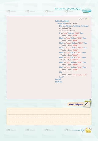 ≤µ¥
:
≤µ¥
:
.........................................................................................................................
.........................................................................................................................
.........................................................................................................................
.........................................................................................................................
º`∏`©ª`dGäÉ`Xƒ`ë`∏`eº`∏`©ª`dGäÉ`Xƒ`ë`∏`e
:èeÉfÈdGôeGhCG 4
Public Class Form1
Private Sub Button1~Click()
Dim n As String,m As String,i As Integer
n =ListBox1.Text
m =ComboBox1.Text
If n = "…ôeÉc"And m = "2012"Then
TextBox1.Text ="67000"
ElseIf n = "…ôeÉc"And m = "2013"Then
TextBox1.Text ="85000"
ElseIf n = "Éª«°ùcÉe"And m = "2012"Then
TextBox1.Text ="60000"
ElseIf n = "Éª«°ùcÉe"And m = "2013"Then
TextBox1.Text ="70000"
ElseIf n = "OQƒcCG"And m = "2012"Then
TextBox1.Text ="65000"
ElseIf n = "OQƒcCG"And m = "2013"Then
TextBox1.Text ="83000"
ElseIf n = "ÉJÉfƒ°S"And m = "2012"Then
TextBox1.Text ="59000"
ElseIf n = "ÉJÉfƒ°S"And m = "2013"Then
TextBox1.Text ="71000"
Else
TextBox1.Text ="äÉØ°UGƒŸG√ò¡HIQÉ«°SóLƒJ’"
End If
End Sub
End Class
 