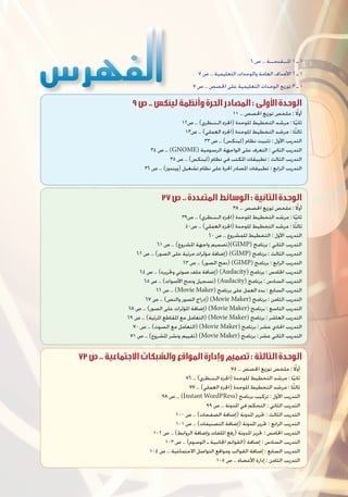 9 .. :
١١ .. ‫ﺍﳊﺼﺺ‬ ‫ﺗﻮﺯﻳﻊ‬ ‫ﻣﻠﺨﺺ‬ : ‫ﹰ‬‫ﺃﻭﻻ‬
١٢‫ﺹ‬ .. (‫ﺍﻟـﻨـﻈﺮﻱ‬ ‫)ﺍﳉﺰﺀ‬ ‫ﻟﻠﻮﺣﺪﺓ‬ ‫ﺍﻟﺘﺨﻄﻴﻂ‬ ‫ﻣﺮﺷﺪ‬ : ‫ﺎ‬‫ﹰ‬‫ﻴ‬‫ﺛﺎﻧ‬
١٣‫ﺹ‬ .. (‫ﺍﻟﻌﻤﻠﻲ‬ ‫)ﺍﳉﺰﺀ‬ ‫ﻟﻠﻮﺣﺪﺓ‬ ‫ﺍﻟﺘﺨﻄﻴﻂ‬ ‫ﻣﺮﺷﺪ‬ : ‫ﺎ‬‫ﹰ‬‫ﺜ‬‫ﺛﺎﻟ‬
٣٣ ‫ﺹ‬ .. (‫)ﻟﻴﻨﻜﺲ‬ ‫ﻧﻈﺎﻡ‬ ‫ﺗﺜﺒﻴﺖ‬ : ‫ﺍﻷﻭﻝ‬ ‫ﺍﻟﺘﺪﺭﻳﺐ‬
٣٤ ‫ﺹ‬ .. (GNOME) ‫ﺍﻟﺮﺳﻮﻣﻴﺔ‬ ‫ﺍﻟﻮﺍﺟﻬﺔ‬ ‫ﻋﻠﻰ‬ ‫ﺍﻟﺘﻌﺮﻑ‬ : ‫ﺍﻟﺜﺎﻧﻲ‬ ‫ﺍﻟﺘﺪﺭﻳﺐ‬
٣٥ ‫ﺹ‬ .. (‫)ﻟﻴﻨﻜﺲ‬ ‫ﻧﻈﺎﻡ‬ ‫ﻓﻲ‬ ‫ﺍﳌﻜﺘﺐ‬ ‫ﺗﻄﺒﻴﻘﺎﺕ‬ : ‫ﺍﻟﺜﺎﻟﺚ‬ ‫ﺍﻟﺘﺪﺭﻳﺐ‬
٣٦ ‫ﺹ‬ .. (‫)ﻭﻳﻨﺪﻭﺯ‬ ‫ﺗﺸﻐﻴﻞ‬ ‫ﻧﻈﺎﻡ‬ ‫ﻋﻠﻰ‬ ‫ﺍﳊﺮﺓ‬ ‫ﺍﳌﺼﺎﺩﺭ‬ ‫ﺗﻄﺒﻴﻘﺎﺕ‬ : ‫ﺍﻟﺮﺍﺑﻊ‬ ‫ﺍﻟﺘﺪﺭﻳﺐ‬
٦ ‫ﺹ‬ .. ‫ﺍﳌــﻘﺪﻣــﺔ‬ ١ ‫ـ‬ ١
٧ ‫ﺹ‬ .. ‫ﺍﻟﺘﻌﻠﻴﻤﻴﺔ‬ ‫ﻭﺍﻟﻮﺣﺪﺍﺕ‬ ‫ﺍﻟﻌﺎﻣﺔ‬ ‫ﺍﻷﻫﺪﺍﻑ‬ ٢ ‫ـ‬ ١
٧ ‫ﺹ‬ .. ‫ﺍﳊﺼﺺ‬ ‫ﻋﻠﻰ‬ ‫ﺍﻟﺘﻌﻠﻴﻤﻴﺔ‬ ‫ﺍﻟﻮﺣﺪﺍﺕ‬ ‫ﺗﻮﺯﻳﻊ‬ ٣ ‫ـ‬ ١
٧٥ .. ‫ﺍﳊﺼﺺ‬ ‫ﺗﻮﺯﻳﻊ‬ ‫ﻣﻠﺨﺺ‬ : ‫ﹰ‬‫ﺃﻭﻻ‬
٧٦ .. (‫ﺍﻟـﻨـﻈﺮﻱ‬ ‫)ﺍﳉﺰﺀ‬ ‫ﻟﻠﻮﺣﺪﺓ‬ ‫ﺍﻟﺘﺨﻄﻴﻂ‬ ‫ﻣﺮﺷﺪ‬ : ‫ﺎ‬‫ﹰ‬‫ﻴ‬‫ﺛﺎﻧ‬
٧٧ .. (‫ﺍﻟﻌﻤﻠﻲ‬ ‫)ﺍﳉﺰﺀ‬ ‫ﻟﻠﻮﺣﺪﺓ‬ ‫ﺍﻟﺘﺨﻄﻴﻂ‬ ‫ﻣﺮﺷﺪ‬ : ‫ﺎ‬‫ﹰ‬‫ﺜ‬‫ﺛﺎﻟ‬
٩٨ ‫ﺹ‬ .. (Instant WordPRess) ‫ﺑﺮﻧﺎﻣﺞ‬ ‫ﺗﺮﻛﻴﺐ‬ : ‫ﺍﻷﻭﻝ‬ ‫ﺍﻟﺘﺪﺭﻳﺐ‬
٩٩ ‫ﺹ‬ .. ‫ﺍﳌﺪﻭﻧﺔ‬ ‫ﻓﻲ‬ ‫ﺍﻟﺘﺤﻜﻢ‬ : ‫ﺍﻟﺜﺎﻧﻲ‬ ‫ﺍﻟﺘﺪﺭﻳﺐ‬
١٠٠ ‫ﺹ‬ .. (‫ﺍﻟﺼﻔﺤﺎﺕ‬ ‫)ﺇﺿﺎﻓﺔ‬ ‫ﺍﳌﺪﻭﻧﺔ‬ ‫ﲢﺮﻳﺮ‬ : ‫ﺍﻟﺜﺎﻟﺚ‬ ‫ﺍﻟﺘﺪﺭﻳﺐ‬
١٠١ ‫ﺹ‬ .. (‫ﺍﻟﺘﺼﻨﻴﻔﺎﺕ‬ ‫)ﺇﺿﺎﻓﺔ‬ ‫ﺍﳌﺪﻭﻧﺔ‬ ‫ﲢﺮﻳﺮ‬ : ‫ﺍﻟﺮﺍﺑﻊ‬ ‫ﺍﻟﺘﺪﺭﻳﺐ‬
١٠٢ ‫ﺹ‬ .. (‫ﺍﻟﺮﻭﺍﺑﻂ‬ ‫ﻭﺇﺿﺎﻓﺔ‬ ‫ﺍﳌﻠﻔﺎﺕ‬ ‫)ﺭﻓﻊ‬ ‫ﺍﳌﺪﻭﻧﺔ‬ ‫ﲢﺮﻳﺮ‬ : ‫ﺍﳋﺎﻣﺲ‬ ‫ﺍﻟﺘﺪﺭﻳﺐ‬
١٠٣ ‫ﺹ‬ .. (‫ﺍﻟﻮﺳﻮﻡ‬ ‫ـ‬ ‫ﺍﳉﺎﻧﺒﻴﺔ‬ ‫)ﺍﻟﻘﻮﺍﺋﻢ‬ ‫ﺇﺿﺎﻓﺔ‬ : ‫ﺍﻟﺴﺎﺩﺱ‬ ‫ﺍﻟﺘﺪﺭﻳﺐ‬
١٠٤ ‫ﺹ‬ .. ‫ﺍﻻﺟﺘﻤﺎﻋﻴﺔ‬ ‫ﺍﻟﺘﻮﺍﺻﻞ‬ ‫ﻭﻣﻮﺍﻗﻊ‬ ‫ﺍﻟﻘﻮﺍﻟﺐ‬ ‫ﺇﺿﺎﻓﺔ‬ : ‫ﺍﻟﺴﺎﺑﻊ‬ ‫ﺍﻟﺘﺪﺭﻳﺐ‬
١٠٥ ‫ﺹ‬ .. ‫ﺍﻷﻋﻀﺎﺀ‬ ‫ﺇﺩﺍﺭﺓ‬ : ‫ﺍﻟﺜﺎﻣﻦ‬ ‫ﺍﻟﺘﺪﺭﻳﺐ‬
73 .. :
37 .. :
٣٨ .. ‫ﺍﳊﺼﺺ‬ ‫ﺗﻮﺯﻳﻊ‬ ‫ﻣﻠﺨﺺ‬ : ‫ﹰ‬‫ﺃﻭﻻ‬
٣٩‫ﺹ‬ .. (‫ﺍﻟـﻨـﻈﺮﻱ‬ ‫)ﺍﳉﺰﺀ‬ ‫ﻟﻠﻮﺣﺪﺓ‬ ‫ﺍﻟﺘﺨﻄﻴﻂ‬ ‫ﻣﺮﺷﺪ‬ : ‫ﺎ‬‫ﹰ‬‫ﻴ‬‫ﺛﺎﻧ‬
٤٠‫ﺹ‬ .. (‫ﺍﻟﻌﻤﻠﻲ‬ ‫)ﺍﳉﺰﺀ‬ ‫ﻟﻠﻮﺣﺪﺓ‬ ‫ﺍﻟﺘﺨﻄﻴﻂ‬ ‫ﻣﺮﺷﺪ‬ : ‫ﺎ‬‫ﹰ‬‫ﺜ‬‫ﺛﺎﻟ‬
٦٠ ‫ﺹ‬ .. ‫ﻟﻠﻤﺸﺮﻭﻉ‬ ‫ﺍﻟﺘﺨﻄﻴﻂ‬ : ‫ﺍﻷﻭﻝ‬ ‫ﺍﻟﺘﺪﺭﻳﺐ‬
٦١ ‫ﺹ‬ .. (‫ﺍﳌﺸﺮﻭﻉ‬ ‫ﻭﺍﺟﻬﺔ‬ ‫()ﺗﺼﻤﻴﻢ‬GIMP) ‫ﺑﺮﻧﺎﻣﺞ‬ : ‫ﺍﻟﺜﺎﻧﻲ‬ ‫ﺍﻟﺘﺪﺭﻳﺐ‬
٦٢ ‫ﺹ‬ .. (‫ﺍﻟﺼﻮﺭ‬ ‫ﻋﻠﻰ‬ ‫ﻣﺮﺋﻴﺔ‬ ‫ﻣﺆﺛﺮﺍﺕ‬ ‫)ﺇﺿﺎﻓﺔ‬ (GIMP) ‫ﺑﺮﻧﺎﻣﺞ‬ : ‫ﺍﻟﺜﺎﻟﺚ‬ ‫ﺍﻟﺘﺪﺭﻳﺐ‬
٦٣ ‫ﺹ‬ .. (‫ﺍﻟﺼﻮﺭ‬ ‫)ﺩﻣﺞ‬ (GIMP) ‫ﺑﺮﻧﺎﻣﺞ‬ : ‫ﺍﻟﺮﺍﺑﻊ‬ ‫ﺍﻟﺘﺪﺭﻳﺐ‬
٦٤ ‫ﺹ‬ .. (‫ﻭﲢﺮﻳﺮﻩ‬ ‫ﺻﻮﺗﻲ‬ ‫ﻣﻠﻒ‬ ‫)ﺇﺿﺎﻓﺔ‬ (Audacity) ‫ﺑﺮﻧﺎﻣﺞ‬ : ‫ﺍﳋﺎﻣﺲ‬ ‫ﺍﻟﺘﺪﺭﻳﺐ‬
٦٥ ‫ﺹ‬ .. (‫ﺍﻷﺻﻮﺍﺕ‬ ‫ﻭﺩﻣﺞ‬ ‫)ﺗﺴﺠﻴﻞ‬ (Audacity) ‫ﺑﺮﻧﺎﻣﺞ‬ : ‫ﺍﻟﺴﺎﺩﺱ‬ ‫ﺍﻟﺘﺪﺭﻳﺐ‬
٦٦ ‫ﺹ‬ .. (Movie Maker) ‫ﺑﺮﻧﺎﻣﺞ‬ ‫ﻋﻠﻰ‬ ‫ﺍﻟﻌﻤﻞ‬ ‫ﺑﺪﺀ‬ : ‫ﺍﻟﺴﺎﺑﻊ‬ ‫ﺍﻟﺘﺪﺭﻳﺐ‬
٦٧ ‫ﺹ‬ .. (‫ﻭﺍﻟﻨﺺ‬ ‫ﺍﻟﺼﻮﺭ‬ ‫)ﺇﺩﺭﺍﺝ‬ (Movie Maker) ‫ﺑﺮﻧﺎﻣﺞ‬ : ‫ﺍﻟﺜﺎﻣﻦ‬ ‫ﺍﻟﺘﺪﺭﻳﺐ‬
٦٨ ‫ﺹ‬ .. (‫ﺍﻟﺼﻮﺭ‬ ‫ﻋﻠﻰ‬ ‫ﺍﳌﺆﺛﺮﺍﺕ‬ ‫)ﺇﺿﺎﻓﺔ‬ (Movie Maker) ‫ﺑﺮﻧﺎﻣﺞ‬ : ‫ﺍﻟﺘﺎﺳﻊ‬ ‫ﺍﻟﺘﺪﺭﻳﺐ‬
٦٩ ‫ﺹ‬ .. (‫ﺍﳌﺮﺋﻴﺔ‬ ‫ﺍﳌﻘﺎﻃﻊ‬ ‫ﻣﻊ‬ ‫)ﺍﻟﺘﻌﺎﻣﻞ‬ (Movie Maker) ‫ﺑﺮﻧﺎﻣﺞ‬ : ‫ﺍﻟﻌﺎﺷﺮ‬ ‫ﺍﻟﺘﺪﺭﻳﺐ‬
٧٠ ‫ﺹ‬ .. (‫ﺍﻟﺼﻮﺕ‬ ‫ﻣﻊ‬ ‫)ﺍﻟﺘﻌﺎﻣﻞ‬ (Movie Maker) ‫ﺑﺮﻧﺎﻣﺞ‬ : ‫ﻋﺸﺮ‬ ‫ﺍﳊﺎﺩﻱ‬ ‫ﺍﻟﺘﺪﺭﻳﺐ‬
٧١ ‫ﺹ‬ .. (‫ﺍﳌﺸﺮﻭﻉ‬ ‫ﻭﻧﺸﺮ‬ ‫)ﺗﻘﻴﻴﻢ‬ (Movie Maker) ‫ﺑﺮﻧﺎﻣﺞ‬ : ‫ﻋﺸﺮ‬ ‫ﺍﻟﺜﺎﻧﻲ‬ ‫ﺍﻟﺘﺪﺭﻳﺐ‬
 