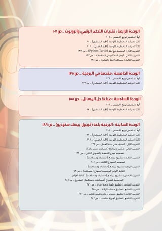 107 .. :
١٠٩ .. ‫ﺍﳊﺼﺺ‬ ‫ﺗﻮﺯﻳﻊ‬ ‫ﻣﻠﺨﺺ‬ : ‫ﹰ‬‫ﺃﻭﻻ‬
١١٠ .. (‫ﺍﻟـﻨـﻈﺮﻱ‬ ‫)ﺍﳉﺰﺀ‬ ‫ﻟﻠﻮﺣﺪﺓ‬ ‫ﺍﻟﺘﺨﻄﻴﻂ‬ ‫ﻣﺮﺷﺪ‬ : ‫ﺎ‬‫ﹰ‬‫ﻴ‬‫ﺛﺎﻧ‬
١١١ .. (‫ﺍﻟﻌﻤﻠﻲ‬ ‫)ﺍﳉﺰﺀ‬ ‫ﻟﻠﻮﺣﺪﺓ‬ ‫ﺍﻟﺘﺨﻄﻴﻂ‬ ‫ﻣﺮﺷﺪ‬ : ‫ﺎ‬‫ﹰ‬‫ﺜ‬‫ﺛﺎﻟ‬
١٣٢ ‫ﺹ‬ .. (Python Turtle) ‫ﻟﻐﺔ‬ ‫ﻣﻊ‬ ‫ﺍﻟﺒﺮﻣﺠﺔ‬ : ‫ﺍﻷﻭﻝ‬ ‫ﺍﻟﺘﺪﺭﻳﺐ‬
١٣٣ ‫ﺹ‬ .. ‫ﺍﻟﺴﻠﺤﻔﺎﺓ‬ ‫ﻓﻲ‬ ‫ﺍﻟﺘﺤﻜﻢ‬ ‫ﺃﻭﺍﻣﺮ‬ : ‫ﺍﻟﺜﺎﻧﻲ‬ ‫ﺍﻟﺘﺪﺭﻳﺐ‬
١٣٤ ‫ﺹ‬ .. ‫ﻭﺍﻟﺘﻜـﺮﺍﺭ‬ ‫ﺍﳋﻂ‬ ‫ﺳﻤﺎﻛﺔ‬ : ‫ﺍﻟﺜﺎﻟﺚ‬ ‫ﺍﻟﺘﺪﺭﻳﺐ‬
135 .. :
١٣٦ .. ‫ﺍﳊﺼﺺ‬ ‫ﺗﻮﺯﻳﻊ‬ ‫ﻣﻠﺨﺺ‬ : ‫ﹰ‬‫ﺃﻭﻻ‬
١٣٧ ‫ﺹ‬ .. (‫ﺍﻟـﻨـﻈﺮﻱ‬ ‫)ﺍﳉﺰﺀ‬ ‫ﻟﻠﻮﺣﺪﺓ‬ ‫ﺍﻟﺘﺨﻄﻴﻂ‬ ‫ﻣﺮﺷﺪ‬ : ‫ﺎ‬‫ﹰ‬‫ﻴ‬‫ﺛﺎﻧ‬
١٥٦ .. ‫ﺍﳊﺼﺺ‬ ‫ﺗﻮﺯﻳﻊ‬ ‫ﻣﻠﺨﺺ‬ : ‫ﹰ‬‫ﺃﻭﻻ‬
١٥٧ .. (‫ﺍﻟـﻨـﻈﺮﻱ‬ ‫)ﺍﳉﺰﺀ‬ ‫ﻟﻠﻮﺣﺪﺓ‬ ‫ﺍﻟﺘﺨﻄﻴﻂ‬ ‫ﻣﺮﺷﺪ‬ : ‫ﺎ‬‫ﹰ‬‫ﻴ‬‫ﺛﺎﻧ‬
155 .. :
189 ..( ) :
١٩١ .. ‫ﺍﳊﺼﺺ‬ ‫ﺗﻮﺯﻳﻊ‬ ‫ﻣﻠﺨﺺ‬ : ‫ﹰ‬‫ﺃﻭﻻ‬
١٩٢ .. (‫ﺍﻟـﻨـﻈﺮﻱ‬ ‫)ﺍﳉﺰﺀ‬ ‫ﻟﻠﻮﺣﺪﺓ‬ ‫ﺍﻟﺘﺨﻄﻴﻂ‬ ‫ﻣﺮﺷﺪ‬ : ‫ﺎ‬‫ﹰ‬‫ﻴ‬‫ﺛﺎﻧ‬
١٩٥ .. (‫ﺍﻟﻌﻤﻠﻲ‬ ‫)ﺍﳉﺰﺀ‬ ‫ﻟﻠﻮﺣﺪﺓ‬ ‫ﺍﻟﺘﺨﻄﻴﻂ‬ ‫ﻣﺮﺷﺪ‬ : ‫ﺎ‬‫ﹰ‬‫ﺜ‬‫ﺛﺎﻟ‬
٢٣٨ ‫ﺹ‬ .. ‫ﺍﻟﻌﻤﻞ‬ ‫ﺑﻴﺌﺔ‬ ‫ﻋﻠﻰ‬ ‫ﺍﻟﺘﻌﺮﻑ‬ : ‫ﺍﻷﻭﻝ‬ ‫ﺍﻟﺘﺪﺭﻳﺐ‬
: (‫ﻭﻣﺴﺎﺣﺎﺕ‬ ‫)ﺣﺴﺎﺑﺎﺕ‬ ‫ﺑﺮﻧﺎﻣﺞ‬ ‫ﻣﺸﺮﻭﻉ‬ : ‫ﺍﻟﺜﺎﻧﻲ‬ ‫ﺍﻟﺘﺪﺭﻳﺐ‬
٢٣٩ ‫ﺹ‬ .. ‫ﺍﻟﺜﺎﻧﻲ‬ ‫ﻭﺍﻟﻨﻤﻮﺫﺝ‬ ‫ﺍﳌﻘﺪﻣﺔ‬ ‫ﳕﻮﺫﺝ‬ ‫ﺗﺼﻤﻴﻢ‬
: (‫ﻭﻣﺴﺎﺣﺎﺕ‬ ‫)ﺣﺴﺎﺑﺎﺕ‬ ‫ﺑﺮﻧﺎﻣﺞ‬ ‫ﻣﺸﺮﻭﻉ‬ : ‫ﺍﻟﺜﺎﻟﺚ‬ ‫ﺍﻟﺘﺪﺭﻳﺐ‬
٢٤١ ‫ﺹ‬ .. ‫ﺍﻟﺜﺎﻟﺚ‬ ‫ﺍﻟﻨﻤﻮﺫﺝ‬ ‫ﺗﺼﻤﻴﻢ‬
: (‫ﻭﻣﺴﺎﺣﺎﺕ‬ ‫)ﺣﺴﺎﺑﺎﺕ‬ ‫ﺑﺮﻧﺎﻣﺞ‬ ‫ﻣﺸﺮﻭﻉ‬ : ‫ﺍﻟﺮﺍﺑﻊ‬ ‫ﺍﻟﺘﺪﺭﻳﺐ‬
٢٤٣ ‫ﺹ‬ .. (‫)ﺣﺴﺎﺑﺎﺕ‬ ‫ﻟﻨﻤﻮﺫﺝ‬ ‫ﺍﻟﺒﺮﻣﺠﻴﺔ‬ ‫ﺍﻷﻭﺍﻣﺮ‬ ‫ﻛﺘﺎﺑﺔ‬
‫ﺍﻷﻭﺍﻣﺮ‬ ‫:ﻛﺘﺎﺑﺔ‬ (‫ﻭﻣﺴﺎﺣﺎﺕ‬ ‫)ﺣﺴﺎﺑﺎﺕ‬ ‫ﺑﺮﻧﺎﻣﺞ‬ ‫ﻣﺸﺮﻭﻉ‬ : ‫ﺍﳋﺎﻣﺲ‬ ‫ﺍﻟﺘﺪﺭﻳﺐ‬
٢٤٥ ‫ﺹ‬ .. ‫ﺍﳌﺸﺮﻭﻉ‬ ‫ﻭﺍﺳﺘﻜﻤﺎﻝ‬ ‫)ﻣﺴﺎﺣﺎﺕ‬ ‫ﻟﻨﻤﻮﺫﺝ‬ ‫ﺍﻟﺒﺮﻣﺠﻴﺔ‬
٢٤٦ ‫ﺹ‬ .. ‫ﺍﳊﺮﺍﺭﺓ‬ ‫ﺩﺭﺟﺔ‬ ‫ﲢﻮﻳﻞ‬ ‫ﺗﻄﺒﻴﻖ‬ : ‫ﺍﻟﺴﺎﺩﺱ‬ ‫ﺍﻟﺘﺪﺭﻳﺐ‬
٢٤٨ ‫ﺹ‬ .. ‫ﺍﻟﺰﻛﺎﺓ‬ ‫ﺣﺴﺎﺏ‬ ‫ﺗﻄﺒﻴﻖ‬ : ‫ﺍﻟﺴﺎﺑﻊ‬ ‫ﺍﻟﺘﺪﺭﻳﺐ‬
٢٥٠ ‫ﺹ‬ .. ‫ﻃﺎﻟﺐ‬ ‫ﻭﺗﻘﺪﻳﺮ‬ ‫ﺩﺭﺟﺎﺕ‬ ‫ﺣﺴﺎﺏ‬ ‫ﺗﻄﺒﻴﻖ‬ : ‫ﺍﻟﺜﺎﻣﻦ‬ ‫ﺍﻟﺘﺪﺭﻳﺐ‬
٢٥٢ ‫ﺹ‬ .. ‫ﺍﳊﺎﺳﺐ‬ ‫ﺃﺟﻬﺰﺓ‬ ‫ﺗﻄﺒﻴﻖ‬ : ‫ﺍﻟﺘﺎﺳﻊ‬ ‫ﺍﻟﺘﺪﺭﻳﺐ‬
 