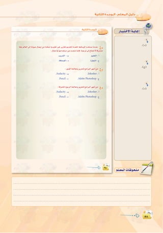 µ∏
:
µ∏
6
.(O)
7
.(ê)
8
.(O)
QÉ``Ñ`à`N’Gá``HÉ`LEG:‫اﻟﺜﺎﻧﻴﺔ‬ ‫اﻟـﻮﺣـﺪة‬
6
7
Audacity Jokosher
Pencil Adobe Photoshop
8
Audacity Jokosher
Pencil Adobe Photoshop
.........................................................................................................................
.........................................................................................................................
.........................................................................................................................
.........................................................................................................................
º`∏`©ª`dGäÉ`Xƒ`ë`∏`eº`∏`©ª`dGäÉ`Xƒ`ë`∏`e
 