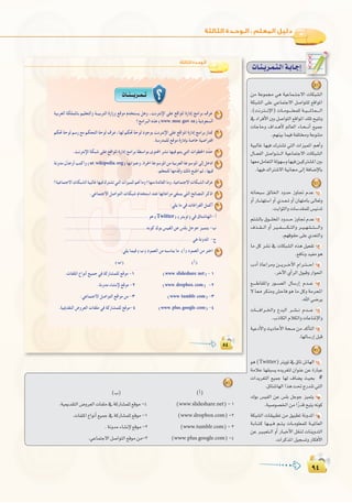 π¥
:
π¥
äÉ`æ`jô`ª`à`dGá`HÉ`LEG
:‫اﻟﺜﺎﻟﺜﺔ‬ ‫اﻟـﻮﺣـﺪة‬
1
www moe gov sa
2
3
ar wikipedia org 4
5
6
7
Twitter
8
www slideshare net
www dropbox com
www tumblr com
www plus google com
5
øe áYƒª› »g á«YÉª``à`L’G äÉµÑ°ûdG
áµÑ°ûdG ≈∏Y »YÉªàL’G π°UGƒà∏d ™bGƒŸG
,(âfô`à```fE’G) äÉ``eƒ`````∏©ª∏d á``«````ŸÉ`©`````dG
‘OGôaC’GÚHπ°UGƒàdG™bGƒŸG∂∏Jí«àJh
äÉLÉMh ±Gó``gC’ ⁄É©dG AÉ`ë```fCG ™«ªL
.º¡æ«HÉª«aáØ∏àháYƒæàe
á«ÑdÉZ É¡«a ∑Î°ûJ »àdG äGõ«ªŸG ºgCGh
∫É``©ØdG π°UGƒ``à```dG á«YÉªàL’G äÉµÑ°ûdG
É¡©eπeÉ©àdGádƒ¡°ShÉ¡«aø`«cÎ°ûŸGÚH
.É¡«a∑GÎ°T’Gá«fÉ›¤EGáaÉ°VE’ÉH
6
¬fÉëÑ°S ≥dÉÿG OhóM RhÉŒ ΩóY 1
hCG QÉ```à¡à°SG hCG …ó``©``J hCG ¿É¡àeÉH ¤É©Jh
.âHGƒãdGhäÉ°Só≤ª∏d¢ù«fóJ
ºà°ûdÉH ¥ƒ```∏îŸG Ohó```M RhÉŒ ΩóY 2
±ò``≤```dG hCG ô`«``Ø````````µ``àdGh ô``«``¡°û``à`````dGh
.º¡bƒ≤M≈∏Y…ó©àdGh
Ée πc ô°ûf ‘ äÉµÑ°ûdG √òg π«©ØJ 3
.™aÉfhó«Øeƒg
ÜOCG IÉYGôeh ø```jô```NB’G ΩGô``à````MG 4
.ôNB’G…CGôdG∫ƒÑbhQGƒ◊G
™`````WÉ≤ŸGh Qƒ```°üdG ∫É°SQEG Ωó```Y 5
’ É‡ ôµæeh ¢ûMÉa ƒg Ée πch áeôëŸG
.ˆG»°Vôj
äÉ`````aGô``ÿGh ´óÑdG ô``°û``f Ωó````Y 6
.ÜPÉµdGΩÓµdGhäÉYÉ°TE’Gh
á«YOC’Gh åjOÉMC’G áë°U øe ócCÉàdG 7
.É¡dÉ°SQEGπÑb
7
ƒg(Twitter)ÎjƒJ‘¥ÉJ¢TÉ¡dG CG
áeÓY É¡≤Ñ°ùj √ójô¨àd ¿GƒæY øY IQÉÑY
äGójô¨àdG ™«ªL É¡d ±É°†j å«ëH #
.¥Éà°TÉ¡dGGògâ–êQóæJ»àdG
∑ƒH ¢ù«ØdG øY ¢ù∏H πLƒL õ«ªàj Ü
.á«°Uƒ°üÿGøeGkQóbí«àj¬fƒc
áµÑ°ûdG äÉ≤«Ñ£J øe ≥«Ñ£J áfhóŸG ê
á`HÉ``à`c É¡``«``a º``à`j äÉ``eƒ∏©ª∏d á``«ŸÉ©dG
øY ô`«`Ñ©à``dG hCG QÉ`ÑNC’G π≤æ`d äÉæjhóàdG
.äGôcòŸGπ«é°ùJhQÉµaC’G
8
(Ü) (CG)
.á«Áó≤àdG¢Vhô©dGäÉØ∏e‘ácQÉ°ûª∏d™bƒe-4 (www.slideshare.net)-1
.äÉØ∏ŸG´GƒfCG™«ªL‘ácQÉ°ûª∏d™bƒe-1 (www.dropbox.com)-2
.áfhóeAÉ°ûfE’™bƒe-2 (www.tumblr.com)-3
.»YÉªàL’Gπ°UGƒàdG™bƒeøe-3 (www.plus.google.com)-4
 