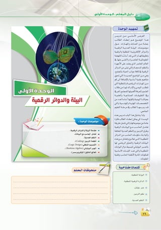 ±∂
:
±∂
Ió`Mƒ`dGó`«`¡`ª`J
¢```ùjQóJ ø```e »```°SÉ°SC’G ¢```Vô¨dG
Ö```dÉ£dG AÉ```£YEG ƒ```g ´ƒ```°VƒŸG Gò```g
∫ƒ```M äGQÉ```¡ŸGh ±QÉ```©ŸG ø```e á```∏ªL
á```«ªbôdG á```jOó©dG á```Ä«ÑdG äÉ```Yƒ`°Vƒ`e
á«ªbôdGh á«≤£æŸG á```«fhÎµdE’G ôFGhódGh
á°†¡æ∏dÉ``` k°SÉ°SCGó©J»```àdGhÉ```¡JÉ≤«Ñ£Jh
‘ É¡æY ≈```æZ’ h Iô```°UÉ©ŸG á```«JÉeƒ∏©ŸG
Iõ¡LC’G ≈∏Y óªà©j …òdG ô°UÉ©ŸG ⁄É©dG
ôFGhódGøe≈æÑJ»àdGhá```›óŸGº¶ædGh
,™ªàéŸÉHIÉ«◊GÖfGƒLáaÉc‘á«ªbôdG
…ƒ–»àdGIó```jó÷G™«°VGƒŸGø```e»gh
ºc ¤G áaÉ°VE’ÉH á«°SÉ°SCG á«ª∏Y º«gÉØe
»àdGá«≤£æŸGhá```«°VÉjôdGäGQÉ```¡ŸGø```e
ÜÓWøeÉ```¡d∑GQOE’Gh»```YƒdGÖ```∏£àJ
‘ô©ŸG™ªàéª∏dÉ¡à«ªgC’áaô©ŸGhº```∏©dG
á```«ª∏©dGh á```«YÉæ°üdG äÉ```≤«Ñ£àdG ‘h
øeOó©dÉ°SÉ°SCGÉ¡fƒµdhá«eƒ«dGÉ```æJÉ«ëH
»àdGh á«°Sóæ¡dGh á```«æ¡ŸG äÉ```°ü°üîàdG
º«∏©àdGá```∏Môe‘ÖdÉ£dGÉ```¡°SQójó```b
.»©eÉ÷G
√ò`g¢ùjQó`JÜÉÑdGGòg∫hÉ`æ`à`jGòdh
IôµaÖdÉ£dGAÉ```£YEGøµÁ»c Ió```MƒdG
á≤jôW:πª°ûJ»àdGhÉ¡JÉYƒ°VƒeøYáeÉY
á«ªbôdGäÉ```fÉ«ÑdG™```eÖ```°SÉ◊Gπ```eÉ©J
áØ∏àîŸGájOó©dGº¶ædGhhõ«eÎdG¥ôWh
ôFGhódG øe Ö°SÉ◊G äÉ```fƒµe AÉæH á«dBGh
√òg™```eπeÉ©àJhè```dÉ©J»```àdGá```«≤£æŸG
É¡d »°VÉjôdGπ«ãªàdGh á«ªbôdGäÉfÉ«ÑdG
äÉHGƒÑdG∫GhO§«°ùÑàdÊÉ«dƒÑdGÈ```÷ÉH
á«°SÉ°S’G äÉ```æÑ∏dG ó```©J »àdGh á```«≤£æŸG
á«æ≤Jh Ö°SÉ◊G áª¶fC’ ájOÉŸG äÉfƒµª∏d
. äÉeƒ∏©ŸG
‫ﺍﻟﺮﻗﻤﻴﺔ‬ ‫ﻭﺍﻟﺪﻭﺍﺋﺮ‬ ‫ﺍﻟﺒﻴﺌﺔ‬
‫ا�وﻟﻰ‬ ‫اﻟﻮﺣﺪة‬
.á«ªbôdGôFGhódGháÄ«ÑdGáeó≤e
.äÉfÉ«ÑdG™eÖ°SÉ◊G πeÉ©J
.ájOó©dGº¶ædG
.(Coding)õ«eÎdGáª¶fCG
.(Logic Design)»≤£æŸGº«ª°üàdG
.(Booleian Algebra)ÊÉ«dƒÑdGÈ÷G
.(ô°ù°SôHhôµ«ŸG)≥«bódGèdÉ©ŸG
:Ió`Mƒ`dGäÉ`Yƒ`°Vƒ`e
á`«`MÉ`à`ØeäÉ`ª`∏`c
.á«≤£æŸG áHGƒÑdG
.á«≤£æŸG á«ªbôdG IôFGódG
.¿É«dƒH ÈL
.õ«eÎdG º¶f
.ájOó©dG º¶ædG
.....................................................................................
.....................................................................................
.....................................................................................
.....................................................................................
º`∏`©ª`dGäÉ`Xƒ`ë`∏`eº`∏`©ª`dGäÉ`Xƒ`ë`∏`e
 