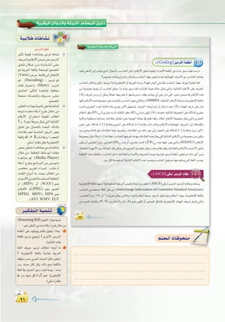 ≤±≤±
:
≤≥≤≥
‫اﻟﺮﻗﻤﻴﺔ‬ ‫واﻟﺪواﺋﺮ‬ ‫اﻟﺒﻴﺌﺔ‬
4-1:(Coding)õ«eÎdGáª¶fCG
?¢Uƒ°üfäÉfÉ«HêGôNEGh∫ÉNOEÉHÖ°SÉ◊GRÉ¡LΩƒ≤jÉeóæYá«FÉé¡dG±ôMC’G™eÖ°SÉ◊GπeÉ©àj
Ö°SÉ◊G ¿ÉµeEÉH øµdh ,ÉgÒZ ’h ájõ«∏‚E’G hCG á«Hô©dG ∑Qój ’ ƒ¡a ô°ûÑdG »æH á¨d Ö°SÉ◊G RÉ¡L ±ô©j ’ º∏©J Éªc
øe áYƒª› º°†j ¿CG Ö°SÉë∏d øµÁ Gòd ¬fÉ«H ≥Ñ°S Éªc IQÉ°TEÓd áæ«©e ádÉM πã“ »àdGh ,á«FÉæãdG ΩÉbQC’G ≈∏Y ±ô©àdG
(A) ±ô◊ õeôf ¿CG øµÁ kÓãªa .É¡æjõîJ hCG É¡YÉLÎ°SG Ö∏£j äÉfÉ«H …CG ≈∏Y ∫óJ »µd ,Ú©e π°ù∏°ùJ ‘ ΩÉbQC’G √òg
É¡fCÉHΩÉbQC’G√ògáYƒª›≈∏Y±ô©àdÉHÖ°SÉ◊GΩƒ≤j‹ÉàdÉHh(1000001)á«FÉæãdGΩÉbQC’Gá∏°ù∏°ùHájõ«∏‚E’Gá¨∏dÉH
â°ùdGh …ô°û©dG Oó©dG áHÉàc IOÉY …ôéj ôeC’G π«¡°ùàdh .±ô◊G Gòg êGôNEG hCG ∫ÉNOEG óæY (A) AÉé¡dG ±ôM ≈∏Y ∫óJ
ΩÉ¶ædG≥ah(65)10
hCG…ô°ûYâ°ùdGΩÉ¶ædG≥ah(41)16
√õeQ¿ƒµj(A)±ôëa,á«FÉæãdGáYƒªéŸG≈∏Yád’ó∏d…ô°ûY
á«d’Oh á«≤£æeh á«HÉ°ùM äÉeÓ©H πeÉ©àf øëf á«eƒ«dG ÉæJÉ«M ‘ º∏©J Éªch .√ÓYCG ΩÉbQC’G áYƒª› πãÁ »àdGh …ô°û©dG
≈æ©e ≈∏Y ád’ó∏d (>) áeÓYh ™ª÷G ≈∏Y ád’ó∏d (+) áeÓY ∂dP ∫Éãeh ΩÉbQC’Gh á«FÉé¡dG ±hô◊G ≈dEG áaÉ°VE’ÉH
áYƒªéÃπã“ kÓãe(+)áeÓ©a,Ö°SÉë∏dÉ¡Øjô©J±ó¡HäÉeÓ©dG√ògπãÁ»µdá«FÉæãdGΩÉbQC’GøeáYƒª›øe¿ƒµàj
¿ƒµj ¿CG »©«Ñ£dG øeh .…ô°û©dG(43)10
OóY hCG ,…ô°ûY â°ùdG (2 B)16
Oó©H É¡æY È©j »àdGh (0101011) ΩÉbQC’G
.áØ∏àîŸGIõ¡LC’GÚHäÉfÉ«ÑdGπ≤føµÁ≈àM™«ª÷GÚH¬«∏Y≥ØàjOóﬁΩÉ¶f≥ahäÉeÓ©dGhΩÉbQC’Gh±ôMC’Gπ«ã“
.õeQπµdáeóîà°ùŸGá«FÉæãdGΩÉbQC’GOóYÖ°ùëHhÖ°SÉ◊Gπª©à°ùeÉ¡eóîà°ùj»àdGá¨∏dGÖ°ùëH
1-4-1:(ASCII)»µ°SBGõ«eôàdGΩÉ¶f
ájõ«∏‚E’Gá¨∏dÉHÉ¡ª°SGá«JÉeƒ∏©ª∏dá«µjôeCG¢ù«jÉ≤eáæ÷øeQƒ£ŸG(ASCII)»µ°SBG≈ª°ùŸGõ«eÎdGΩÉ¶fΩóîà°ùj
Ö°SÉ◊G »eóîà°ùe áaÉc πÑb øe (Interchange Information of Committee Standard American)
,Ö°SÉë∏d kGõeQ 128 …CG 7
2
øe ójó©dG ∂dòch (9 - 0) øe ΩÉbQC’Gh (a ,A) ƒëf ÒÑµdG hCG Ò¨°üdG πµ°ûdÉH ájõ«∏‚E’G AÉé¡dG ±hôM πª°ûJ »àdGh
ô`«`µ`Ø`à`dGá`«`ª`æ`J
(ReasoningSkill)π«∏©àdG IQÉ¡eá«ªæJ
:ƒëfÒµØàdG»Yóà°ùJá∏Ä°SCGìôW∫ÓNøe
áª¶fCG ≈∏Y Oƒµ«fƒj ΩÉ¶f ¥ƒØàj GPÉÃ 1
áaÉµd õ«eôJ …ƒëj) ? iôNC’G õ«eÎdG
.(⁄É©dGäÉ¨d
á¨∏dG ±hôM õ«eôJ ±ÓàNG ¬LhCG Ée 2
? ájõ«∏‚’G á¨∏dÉH áfQÉ≤e á«Hô©dG
¬©bƒeÖ°ùM»Hô©dG±ô◊Gπµ°TÒ¨àj)
õeQ ±ôM πµd øµj ∂dP ™eh áª∏µdÉH
á¨∏dG‘±ô◊GRƒeQOó©àJÉªæ«H,óMGh
‘ õeQ É¡æe πµd t hT ƒëf ájõ«∏‚E’G
.(»µ°SBGΩÉ¶f
.....................................................................................
.....................................................................................
.....................................................................................
.....................................................................................
º`∏`©ª`dGäÉ`Xƒ`ë`∏`eº`∏`©ª`dGäÉ`Xƒ`ë`∏`e
õ«eÎdGº¶f
ÒKCÉJ á«Ø«c IógÉ°ûÃ …Oôa •É°ûf
±hô◊GhΩÉbQC’G¢VôY≈∏Yõ«eÎdG
π«¨°ûJ ∫Ó```N ø```e á``°``TÉ``°``û``dG ≈``∏``Y
ºK á«Hô©dG á¨∏dÉH áëØ°üd íØ°üàŸG
(View)¢VôY áªFÉb¤EG∫É≤àf’G
ºK (Encoding) : õ«eôJ ºK
äÉ¨d QÉ``«``à``NGh (More) ó``jõ``ŸG
π°UÉ◊G ÒKCÉàdG IógÉ°ûŸ áØ∏à
áëØ°U äÉ```ª```∏```ch ±hô``````M ≈```∏```Y
.íØ°üàŸG
ÒµØàdGäGQÉ¡eá«ªæàd »∏YÉØJ•É°ûf
¬LƒJ IOó©àe á∏Ä°SCG ìôW ∫ÓN øe
ΩÉbQC’G êGôîà°SG á«Ø«µd ÖdÉ£dG
Th t ƒëfÉkahôMπã“»àdGá«FÉæãdG
π«ã“ øY ∫hó÷ÉH åëÑdG ∂dòch
äÉeÓY ƒëf á°UÉÿG RƒeôdG ¢†©H
á¨∏dÉH@,#,$ äÉeÓYh !Öé©àdG
.»µ°SBGΩÉ¶f≥ahájõ«∏‚E’G
¢†`©`Hπ«¨°ûJIógÉ°ûÃ…Oôa•É°ûf
∫ÓN øe áØ∏àîŸG §FÉ°SƒdG äÉØ∏e
IógÉ°ûe ºK (Media Player)
á∏Ä°SCG ìôWh èeÉfÈdG øe ¢Vô©jÉe
ô°üà ô``jô``≤``J OGó`````YEG Ö``∏``W hCG
äÉØ∏ŸG ´Gƒ``fCG ¬H Oóëj ÖdÉ£dG øe
äGƒ°UC’Gøjõîàdáeóîà°ùŸGáØ∏àîŸG
hCG .(MP3) hCG (WAV) ƒëf
ΩÓ``aC’G hCG(JPEG) ƒëf Qƒ°üdG
MPEG, MOV), MP4, ƒëf
.(AVI, WMV, FLV
á`«`HÓ`WäÉ`WÉ`°û`f
 