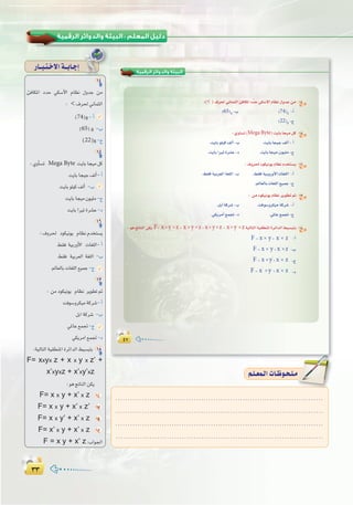 ≥≥≥≥
:
QÉ``Ñ`à`N’Gá``HÉ`LEG
¥Σ¥Σ
‫اﻟﺮﻗﻤﻴﺔ‬ ‫واﻟﺪواﺋﺮ‬ ‫اﻟﺒﻴﺌﺔ‬
:()±ô◊ÊÉªãdGÅaÉµŸGOuóM»µ°SB’GΩÉ¶f∫hóLøe 14
(65)8
-Ü (74)8
-CG
(22)8
-ê
:…hÉ°ùJ(MegaByte) âjÉHÉé«eπc 15
.âjÉHƒ∏«c∞dCG-Ü .âjÉHÉé«L∞dCG-CG
.âjÉHGÒJIô°ûY-O .âjÉHÉé«e¿ƒ«∏e-ê
:±hô◊Oƒµ«fƒjΩÉ¶fΩóîà°ùj 16
.§≤aá«Hô©dGá¨∏dG-Ü .§≤aá«HhQhC’GäÉ¨∏dG -CG
.⁄É©dÉHäÉ¨∏dG™«ªL-ê
: øeOƒµ«fƒjΩÉ¶fôjƒ£J” 17
.πHBGácô°T-Ü .âaƒ°Shôµ«eácô°T -CG
.»µjôeCG™ªŒ-O .»ŸÉY™ªŒ-ê
:ƒgœÉædG øµj F= x✕ y ✕ z + x ✕ y ✕ z'+x'✕ y✕ z + x'✕ y' ✕ zá«dÉàdGá«≤£æŸGIôFGódG§«°ùÑàH 18
F = x ✕ y+ x' ✕ z
F = x ✕ y+x' ✕ z'
F = x ✕ y'+x' ✕ z
F = x' ✕ y +x' ✕ z
-CG
-Ü
-ê
-O
14
ÅaÉµŸG OóM »µ°SB’G ΩÉ¶f ∫hóL øe
: ±ô◊ÊÉªãdG
(74)8 -CG
(65) 8 -Ü
(22)8 -ê
15
:…hCÉ°ùJ Mega Byte âjÉHÉé«eπc
âjÉHÉé«L∞dCG-CG
âjÉHƒ∏«c∞dCG -Ü
âjÉHÉé«e¿ƒ«∏e-ê
âjÉHGÒJIô°ûY-O
16
:±hô◊ Oƒµ«fƒj ΩÉ¶fΩóîà°ùj
§≤a á«HQhC’G äÉ¨∏dG-CG
§≤a á«Hô©dG á¨∏dG -Ü
⁄É©dÉHäÉ¨∏dG™«ªL-ê
17
: øeOƒµ«fƒj ΩÉ¶f ôjƒ£J”
âaƒ°Shôµ«eácô°T-CG
πHGácô°T -Ü
»ŸÉY™ªŒ-ê
»µjôeG™ªŒ-O
:á«dÉàdGá«≤£æŸGIôFGódG§«°ùÑàH 18
F= xxyx z + x x y x z’ +
x’xyxz + x’xy’xz
:ƒgœÉædGøµj
F= x x y + x’ x z CG
F= x x y + x’ x z’ Ü
F= x x y’ + x’ x z ê
F= x’ x y + x’ x z O
F = x y + x’ z:ÜGƒ÷G
.....................................................................................
.....................................................................................
.....................................................................................
.....................................................................................
º`∏`©ª`dGäÉ`Xƒ`ë`∏`eº`∏`©ª`dGäÉ`Xƒ`ë`∏`e
 