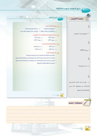 π≤
:
π≤
:‫اﻟﺜﺎﻟﺜﺔ‬ ‫اﻟـﻮﺣـﺪة‬
π∞π∞
:á«ªbôdGäÉÑàµŸGóFGƒaøe 6
.QGôµàdGIÌchOƒ¡÷Gá«LGhORG -Ü .äÉeƒ∏©ŸGQOÉ°üe‘´ƒæàdG -CG
.Ohóπµ°ûHäÉeƒ∏©ŸGQOÉ°üe¤EG∫ƒ°UƒdG -O.á«ªbôdGQOÉ°üŸGIQGOEG∞«dÉµJIOÉjR -ê
:á«fhÎµdE’GÖàµdGº«ª°üJ‘áeóîà°ùŸG≠«°üdGô¡°TCGøe 7
.(GIF)á¨«°U -Ü .(PDF)á¨«°U -CG
.(MOV)á¨«°U -O .(MP3)á¨«°U -ê
:.............................. Ö«JÎdGäÉYƒ°SƒŸGº«¶æJ¥ôWøe 8
.äÉYƒ°VƒŸGÖ°ùM -Ü .ΩÉbQC’GÖ°ùM -CG
.äÉfÉ«ÑdGÖ°ùM -O .Qƒ°üdGÖ°ùM -ê
:`HIô◊GäÉYƒ°SƒŸGRÉà“ 9
.ÉgGƒà‘åëÑdÉHìÉª°ùdG¿hOäÉjƒàëŸG≈∏YáaÉ°VE’GáeóNËó≤J -CG
.É¡«∏Yπjó©àdGháaÉ°VE’ÉHíª°ùJºc,É¡JÉjƒàøeIOÉØà°S’Gh´ÉLÎ°S’GhåëÑdGáeóNËó≤J -Ü
.É¡«∏Yπjó©àdGháaÉ°VE’ÉHíª°ùJ’h,É¡JÉjƒàøeIOÉØà°S’Gh´ÉLÎ°S’GhåëÑdGáeóNËó≤J -ê
.É¡JÉjƒàøe§≤aáYÉÑ£dGáeóNËó≤J -O
6
.äÉeƒ∏©ŸGQOÉ°üe‘´ƒæàdG-CG
7
.(PDF)á¨«°U-CG
8
.äÉYƒ°VƒŸGÖ°ùM-Ü
9
´ÉLÎ°S’Gh åëÑdG áeóN Ëó≤J - Ü
íª°ùJ Éªc ,É¡JÉjƒà øe IOÉØà°S’Gh
.É¡«∏Yπjó©àdGháaÉ°VE’ÉH
QÉ``Ñ`à`N’Gá``HÉ`LEG
º`∏`©ª`dGäÉ`Xƒ`ë`∏`eº`∏`©ª`dGäÉ`Xƒ`ë`∏`e
.........................................................................................................................
.........................................................................................................................
.........................................................................................................................
.........................................................................................................................
 