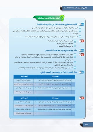 124
‫الخامسة‬ ‫الوحدة‬ :‫المعلم‬ ‫دليل‬
:‫التالية‬ ‫التعريفات‬ ‫من‬ ‫لكل‬ ‫المناسب‬ ‫المصطلح‬ ‫اكتب‬
:‫النصوص‬ ‫معالجات‬ ‫بين‬ ‫الشبه‬ ‫أوجه‬ ‫أذكر‬
:‫الثاني‬ ‫العمود‬ ‫من‬ ‫يناسبه‬ ‫ما‬ ‫األول‬ ‫للعمود‬ ‫اختر‬
1 ‫س‬
2 ‫س‬
3 ‫س‬
1 ‫ج‬
2 ‫ج‬
3 ‫ج‬
‫وإجاباتها‬ ‫للوحدة‬ ‫إضافية‬ ‫أسئلة‬
11.‫التجارية‬ ‫البرامج‬ /‫المجانية‬ ‫غير‬ ‫البرامج‬
22.‫الحية‬ ‫النصوص‬ ‫معالجات‬
33.‫النصوص‬ ‫معالجة‬ ‫برامج‬
11.‫وطباعتها‬ ‫حفظها‬ ‫إمكانية‬ ‫مع‬ ‫النصوص‬ ‫وتنسيق‬ ‫وتحرير‬ ‫كتابة‬ ‫وهو‬ ‫الهدف‬ ‫نفس‬ ‫تحمل‬
22‫معالج‬ ‫أي‬ ‫استخدام‬ ‫السهل‬ ‫من‬ ‫فأنه‬ ‫أحدها‬ ‫عمل‬ ‫طريقة‬ ‫نتعلم‬ ‫فعندما‬ ً‫ا‬‫تقريب‬ ‫الطريقة‬ ‫بنفس‬ ‫تعمل‬
.‫آخر‬ ‫نصوص‬
33‫الصور‬ ‫وإضافة‬ ‫وتنسيقها‬ ‫وتعديلها‬ ‫النصوص‬ ‫إدخال‬ ‫في‬ ‫نجملها‬ ‫أن‬ ‫يمكن‬ ‫التي‬ ‫العمليات‬ ‫نفس‬ ‫تؤدي‬
.‫وتخزينها‬ ‫وطباعتها‬ ‫والجداول‬
44.‫للعمل‬ ‫متنوعة‬ ‫وأدوات‬ ‫للعمل‬ ‫منطقة‬ ‫من‬ ‫تتكون‬ ‫غالبيتها‬ ‫إن‬ ‫حيث‬ ‫البرنامج‬ ‫واجهة‬ ‫في‬ ‫تتشابة‬
11.............................. ‫استخدامها‬ ‫من‬ ‫لنتمكن‬ ‫مادي‬ ‫إال بمقابل‬ ‫عليها‬ ‫الحصول‬ ‫التي ال يمكن‬ ‫البرامج‬
22‫على‬ ‫حساب‬ ‫إنشــاء‬ ‫وتتطلب‬ ‫اإلنترنت‬ ‫عبر‬ ‫الملفات‬ ‫وتحرير‬ ‫بإنشاء‬ ‫تسمح‬ ،‫المواقع‬ ‫بعض‬ ‫تقدمها‬ ‫خدمة‬
.........................‫موقعها‬
33.................. .‫وطباعتها‬ ‫حفظها‬ ‫إمكانية‬ ‫مع‬ ‫النصوص‬ ‫وتنسيق‬ ‫وتحرير‬ ‫كتابة‬ ‫في‬ ‫الحاسب‬ ‫برامج‬ ‫استخدام‬
‫األول‬ ‫العمود‬‫الثاني‬ ‫العمود‬
.‫مادي‬ ‫مقابل‬ ‫بدون‬ ‫عليها‬ ‫والعمل‬ ‫تثبيتها‬ ‫يمكن‬ ‫النصوص‬ ‫معالجة‬ ‫برامج‬1‫النصوص‬ ‫معالجة‬ ‫برامج‬ ‫مزايا‬
.‫واإلضافة‬ ‫والحذف‬ ‫التعديل‬ ‫عملية‬ ‫في‬ ‫المستغرق‬ ‫والجهد‬ ‫الوقت‬ ‫توفير‬2‫النصوص‬‫معالجة‬‫برامج‬‫بين‬‫مشتركة‬‫عناصر‬
.‫متشابهة‬ ‫واجهات‬ ‫ولها‬ ‫العمليات‬ ‫نفس‬ ‫وتؤدي‬ ً‫ا‬‫تقريب‬ ‫الطريقة‬ ‫بنفس‬ ‫تعمل‬3‫التجارية‬ ‫النصوص‬ ‫معالجة‬ ‫برامج‬
4‫المجانية‬ ‫النصوص‬ ‫معالجة‬ ‫برامج‬
‫األول‬ ‫العمود‬‫الثاني‬ ‫العمود‬
4.‫مادي‬ ‫مقابل‬ ‫بدون‬ ‫عليها‬ ‫والعمل‬ ‫تثبيتها‬ ‫يمكن‬ ‫النصوص‬ ‫معالجة‬ ‫برامج‬1‫النصوص‬ ‫معالجة‬ ‫برامج‬ ‫مزايا‬
1.‫واإلضافة‬ ‫والحذف‬ ‫التعديل‬ ‫عملية‬ ‫في‬ ‫المستغرق‬ ‫والجهد‬ ‫الوقت‬ ‫توفير‬2‫النصوص‬‫معالجة‬‫برامج‬‫بين‬‫مشتركة‬‫عناصر‬
2.‫متشابهة‬ ‫واجهات‬ ‫ولها‬ ‫العمليات‬ ‫نفس‬ ‫وتؤدي‬ ً‫ا‬‫تقريب‬ ‫الطريقة‬ ‫بنفس‬ ‫تعمل‬3‫التجارية‬ ‫النصوص‬ ‫معالجة‬ ‫برامج‬
4‫المجانية‬ ‫النصوص‬ ‫معالجة‬ ‫برامج‬
 