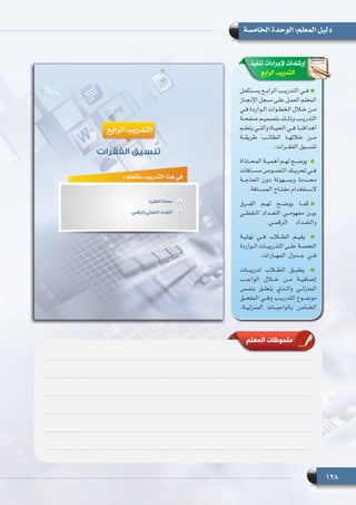 128
‫الخامسة‬ ‫الوحدة‬ :‫المعلم‬ ‫دليل‬
‫تنفيذ‬ ‫إلجراءات‬ ‫إرشادات‬
‫الرابع‬ ‫التدريب‬
‫ـتكمل‬‫ـ‬‫يس‬ ‫ـع‬‫ـ‬‫الراب‬ ‫ـب‬‫ـ‬‫التدري‬ ‫ـي‬‫ـ‬‫ف‬
‫ـاز‬‫ـ‬‫اإلنج‬ ‫ـجل‬‫ـ‬‫س‬ ‫ـى‬‫ـ‬‫عل‬ ‫ـل‬‫ـ‬‫العم‬ ‫ـم‬‫ـ‬‫المعل‬
‫ـي‬‫ـ‬‫ف‬ ‫ـواردة‬‫ـ‬‫ال‬ ‫ـوات‬‫ـ‬‫الخط‬ ‫ـال‬‫ـ‬‫خ‬ ‫ـن‬‫ـ‬‫م‬
‫ـة‬‫ـ‬‫صفح‬ ‫ـم‬‫ـ‬‫بتصمي‬ ‫ـك‬‫ـ‬‫وذل‬ ‫ـب‬‫ـ‬‫التدري‬
‫ـم‬‫ـ‬‫يتعل‬ ‫ـي‬‫ـ‬‫والت‬ ‫ـاة‬‫ـ‬‫الحي‬ ‫ـي‬‫ـ‬‫ف‬ ‫ـا‬‫ـ‬‫أهدافن‬
‫طريقــة‬ ‫الطالــب‬ ‫خاللهــا‬ ‫مــن‬
.‫الفقــرات‬ ‫تنســيق‬
‫ـاذاة‬‫ـ‬‫المح‬ ‫ـة‬‫ـ‬‫أهمي‬ ‫ـم‬‫ـ‬‫له‬ ‫ـح‬‫ـ‬‫يوض‬
‫مســافات‬ ‫النصــوص‬ ‫تحريــك‬ ‫فــي‬
‫الحاجــة‬ ‫دون‬ ‫وبســهولة‬ ‫محــددة‬
.‫المســافة‬ ‫مفتــاح‬ ‫الســتخدام‬
‫الفــرق‬ ‫لهــم‬ ‫يوضــح‬ ‫كمــا‬
‫النقطــي‬ ‫التعــداد‬ ‫مفهومــي‬ ‫بيــن‬
.‫الرقمــي‬ ‫والتعــداد‬
‫نهايــة‬ ‫فــي‬ ‫الطــاب‬ ‫يقيــم‬
‫الــواردة‬ ‫التدريبــات‬ ‫علــى‬ ‫الحصــة‬
.‫المهــارات‬ ‫جــدول‬ ‫فــي‬
‫تدريبــات‬ ‫الطــاب‬ ‫يطبــق‬
‫الواجــب‬ ‫خــال‬ ‫مــن‬ ‫إضافيــة‬
‫بنفــس‬ ‫يتعلــق‬ ‫والــذي‬ ‫المنزلــي‬
‫الملحــق‬ ‫وفــي‬ ‫التدريــب‬ ‫موضــوع‬
.‫المنزليــة‬ ‫بالواجبــات‬ ‫الخــاص‬
‫المعلم‬ ‫ملحوظات‬
 