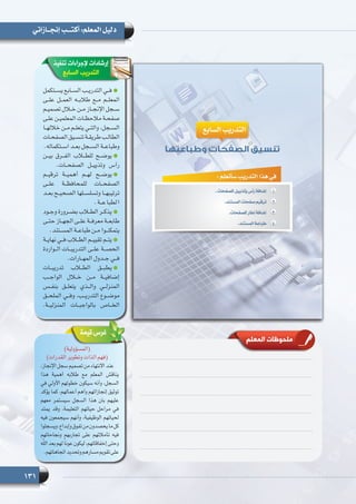 131
‫إنجــازاتي‬ ‫أكتـــب‬ :‫المعلم‬ ‫دليل‬
‫تنفيذ‬ ‫إلجراءات‬ ‫إرشادات‬
‫السابع‬ ‫التدريب‬
‫ـتكمل‬‫ـ‬‫يس‬ ‫ـابع‬‫ـ‬‫الس‬ ‫ـب‬‫ـ‬‫التدري‬ ‫ـي‬‫ـ‬‫ف‬
‫علــى‬ ‫العمــل‬ ‫طالبــه‬ ‫مــع‬ ‫المعلــم‬
‫ـم‬‫ـ‬‫تصمي‬ ‫ـال‬‫ـ‬‫خ‬ ‫ـن‬‫ـ‬‫م‬ ‫ـاز‬‫ـ‬‫اإلنج‬ ‫ـجل‬‫ـ‬‫س‬
‫ـى‬‫ـ‬‫عل‬ ‫ـن‬‫ـ‬‫المعلمي‬ ‫ـات‬‫ـ‬‫مالحظ‬ ‫ـة‬‫ـ‬‫صفح‬
‫ـا‬‫ـ‬‫خالله‬ ‫ـن‬‫ـ‬‫م‬ ‫ـم‬‫ـ‬‫يتعل‬ ‫ـي‬‫ـ‬‫والت‬ ،‫ـجل‬‫ـ‬‫الس‬
‫ـات‬‫ـ‬‫الصفح‬ ‫ـيق‬‫ـ‬‫تنس‬ ‫ـة‬‫ـ‬‫طريق‬ ‫ـب‬‫ـ‬‫الطال‬
.‫ـتكماله‬‫ـ‬‫اس‬ ‫ـد‬‫ـ‬‫بع‬ ‫ـجل‬‫ـ‬‫الس‬ ‫ـة‬‫ـ‬‫وطباع‬
‫بيــن‬ ‫الفــرق‬ ‫للطــاب‬ ‫يوضــح‬
.‫الصفحــات‬ ‫وتذييــل‬ ‫رأس‬
‫ترقيــم‬ ‫أهميــة‬ ‫لهــم‬ ‫يوضــح‬
‫علــى‬ ‫للمحافظــة‬ ‫الصفحــات‬
‫بعــد‬ ‫الصحيــح‬ ‫وتسلســلها‬ ‫ترتيبهــا‬
.‫عــة‬‫لطبا‬‫ا‬
‫ـود‬‫ـ‬‫وج‬ ‫ـرورة‬‫ـ‬‫بض‬ ‫ـاب‬‫ـ‬‫الط‬ ‫ـر‬‫ـ‬‫يذك‬
‫ـى‬‫ـ‬‫حت‬ ‫ـاز‬‫ـ‬‫الجه‬ ‫ـى‬‫ـ‬‫عل‬ ‫ـة‬‫ـ‬‫معرف‬ ‫ـة‬‫ـ‬‫طابع‬
.‫ـتند‬‫ـ‬‫المس‬ ‫ـة‬‫ـ‬‫طباع‬ ‫ـن‬‫ـ‬‫م‬ ‫ـوا‬‫ـ‬‫يتمكن‬
‫ـة‬‫ـ‬‫نهاي‬ ‫ـي‬‫ـ‬‫ف‬ ‫ـاب‬‫ـ‬‫الط‬ ‫ـم‬‫ـ‬‫تقيي‬ ‫ـم‬‫ـ‬‫يت‬
‫الــواردة‬ ‫التدريبــات‬ ‫علــى‬ ‫الحصــة‬
.‫المهــارات‬ ‫جــدول‬ ‫فــي‬
‫تدريبــات‬ ‫الطــاب‬ ‫يطبــق‬
‫الواجــب‬ ‫خــال‬ ‫مــن‬ ‫إضافيــة‬
‫بنفــس‬ ‫يتعلــق‬ ‫والــذي‬ ‫المنزلــي‬
‫الملحــق‬ ‫وفــي‬ ،‫التدريــب‬ ‫موضــوع‬
.‫المنزليــة‬ ‫بالواجبــات‬ ‫الخــاص‬
‫المعلم‬ ‫ملحوظات‬
‫قيمة‬‫غرس‬
)‫(المسؤولية‬
)‫القدرات‬ ‫وتطوير‬ ‫الذات‬ ‫(فهم‬
،‫اإلنجاز‬ ‫سجل‬ ‫تصميم‬ ‫من‬ ‫االنتهاء‬ ‫عند‬
‫هذا‬ ‫أهمية‬ ‫طالبه‬ ‫مع‬ ‫المعلم‬ ‫يناقش‬
‫في‬ ‫األولي‬ ‫خطوتهم‬ ‫سيكون‬ ‫وأنه‬ ،‫السجل‬
‫يؤكد‬ ‫كما‬ .‫أعمالهم‬ ‫وأهم‬ ‫إنجازاتهم‬ ‫توثيق‬
‫معهم‬ ‫سيستمر‬ ‫السجل‬ ‫هذا‬ ‫بان‬ ‫عليهم‬
‫يمتد‬ ‫وقد‬ ،‫التعليمة‬ ‫حياتهم‬ ‫مراحل‬ ‫في‬
‫فيه‬ ‫سيجمعون‬ ‫وأنهم‬ ،‫الوظيفية‬ ‫لحياتهم‬
‫ويسجلوا‬،‫وإبداع‬‫تفوق‬‫من‬‫يحصدون‬‫ما‬‫كل‬
‫ونجاحاتهم‬ ‫تجاربهم‬ ‫على‬ ‫تأمالتهم‬ ‫فيه‬
‫ه‬ّ‫ل‬‫ال‬‫بعد‬‫لهم‬ً‫ا‬‫عون‬‫ليكون‬،‫إخفاقاتهم‬‫وحتى‬
.‫اتجاهاتهم‬‫وتحديد‬‫مسارهم‬‫تقويم‬‫على‬
 