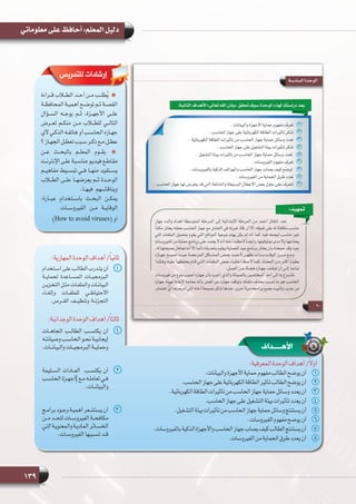 139
‫معلوماتي‬ ‫على‬ ‫أحافظ‬ :‫المعلم‬ ‫دليل‬
:‫المهارية‬‫الوحدة‬‫أهداف‬/ً‫ا‬‫ثاني‬
11‫ـتخدام‬‫ـ‬‫اس‬ ‫على‬ ‫ـب‬‫ـ‬‫الطال‬ ‫ـدرب‬‫ـ‬‫يت‬ ‫أن‬
‫لحمايــة‬ ‫المســاعدة‬ ‫البرمجيــات‬
‫ـن‬‫ـ‬‫التخزي‬ ‫ـل‬‫ـ‬‫مث‬ ‫ـات‬‫ـ‬‫والملف‬ ‫ـات‬‫ـ‬‫البيان‬
‫وإلغــاء‬ ‫للملفــات‬ ‫االحتياطــي‬
.‫القــرص‬ ‫وتنظيــف‬ ‫التجزئــة‬
:‫الوجدانية‬‫الوحدة‬‫أهداف‬/ً‫ا‬‫ثالث‬
11‫اتجاهــات‬ ‫الطالــب‬ ‫يكتســب‬ ‫أن‬
‫ـه‬‫ـ‬‫وصيانت‬ ‫ـب‬‫ـ‬‫الحاس‬ ‫ـو‬‫ـ‬‫نح‬ ‫ـة‬‫ـ‬‫إيجابي‬
.‫والبيانــات‬ ‫البرمجيــات‬ ‫وحمايــة‬
22‫الســليمة‬ ‫العــادات‬  ‫يكتســب‬ ‫أن‬
‫ـب‬‫ـ‬‫الحاس‬ ‫ـزة‬‫ـ‬‫|أجه‬ ‫ـع‬‫ـ‬‫م‬ ‫ـه‬‫ـ‬‫تعامل‬ ‫ـي‬‫ـ‬‫ف‬
.‫والبيانــات‬
33‫ـج‬‫ـ‬‫برام‬ ‫ـود‬‫ـ‬‫وج‬ ‫ـة‬‫ـ‬‫أهمي‬ ‫ـعر‬‫ـ‬‫يستش‬ ‫أن‬
‫ـن‬‫ـ‬‫م‬ ‫ـد‬‫ـ‬‫للح‬ ‫ـات‬‫ـ‬‫الفيروس‬ ‫ـة‬‫ـ‬‫مكافح‬
‫التي‬‫ـة‬‫ـ‬‫والمعنوي‬‫ـة‬‫ـ‬‫المادي‬‫ـائر‬‫ـ‬‫الخس‬
.‫ـات‬‫ـ‬‫الفيروس‬ ‫ـببها‬‫ـ‬‫تس‬ ‫ـد‬‫ـ‬‫ق‬
‫قــراءة‬ ‫الطــاب‬ ‫أحــد‬ ‫مــن‬ ‫طلــب‬ُ‫ي‬
‫ـة‬‫ـ‬‫المحافظ‬ ‫ـة‬‫ـ‬‫أهمي‬ ‫ـح‬‫ـ‬‫توض‬ ‫ـم‬‫ـ‬‫ث‬ ‫ـة‬‫ـ‬‫القص‬
‫الســؤال‬ ‫يوجــه‬ ‫ثــم‬ ،‫األجهــزة‬ ‫علــى‬
‫تعــرض‬ ‫منكــم‬ ‫مــن‬ ‫للطــاب‬ ‫التالــي‬
‫ألي‬ ‫ـي‬‫ـ‬‫الذك‬ ‫ـه‬‫ـ‬‫هاتف‬ ‫أو‬ ‫ـب‬‫ـ‬‫الحاس‬ ‫ـازه‬‫ـ‬‫جه‬
‫؟‬ ‫ـاز‬‫ـ‬‫الجه‬ ‫ـل‬‫ـ‬‫تعط‬ ‫ـبب‬‫ـ‬‫س‬ ‫ـر‬‫ـ‬‫ذك‬ ‫ـع‬‫ـ‬‫م‬ ‫ـل‬‫ـ‬‫عط‬
‫عــن‬ ‫بالبحــث‬ ‫المعلــم‬ ‫يقــوم‬
‫ـت‬‫ـ‬‫اإلنترن‬ ‫ـى‬‫ـ‬‫عل‬ ‫ـبة‬‫ـ‬‫مناس‬ ‫ـو‬‫ـ‬‫فيدي‬ ‫ـع‬‫ـ‬‫مقاط‬
‫مفاهيــم‬ ‫تبســيط‬ ‫فــي‬ ‫منهــا‬ ‫يســتفيد‬
‫الطــاب‬ ‫علــى‬ ‫يعرضهــا‬ ‫ثــم‬ ‫الوحــدة‬
.‫فيهــا‬ ‫ويناقشــهم‬
:‫عبــارة‬ ‫باســتخدام‬ ‫البحــث‬ ‫يمكــن‬
‫الفيروســات‬ ‫مــن‬ ‫الوقايــة‬
)How to avoid viruses( ‫أو‬
‫للتدريس‬ ‫إرشادات‬
‫األهــــداف‬
:‫المعرفية‬‫الوحدة‬‫أهداف‬/ً‫ال‬‫أو‬
11.‫والبيانات‬‫األجهزة‬‫حماية‬‫مفهوم‬‫الطالب‬‫يوضح‬‫أن‬
22.‫الحاسب‬‫جهاز‬‫على‬‫الكهربائية‬‫الطاقة‬‫تأثير‬‫الطالب‬‫يوضح‬‫أن‬
33.‫الكهربائية‬‫الطاقة‬‫تأثيرات‬‫من‬‫الحاسب‬‫جهاز‬‫حماية‬‫وسائل‬‫يعدد‬‫أن‬
44.‫الحاسب‬‫جهاز‬‫على‬‫التشغيل‬‫بيئة‬‫تأثيرات‬‫يعدد‬‫أن‬
55.‫التشغيل‬‫بيئة‬‫تأثيرات‬‫من‬‫الحاسب‬‫جهاز‬‫حماية‬‫وسائل‬‫يستنتج‬‫أن‬
66.‫الفيروسات‬‫مفهوم‬‫يوضح‬‫أن‬
77.‫بالفيروسات‬‫الذكية‬‫واألجهزة‬‫الحاسب‬‫جهاز‬‫يصاب‬‫كيف‬‫الطالب‬‫يستنتج‬‫أن‬
88.‫الفيروسات‬‫من‬‫الحماية‬‫طرق‬‫يعدد‬‫أن‬
 