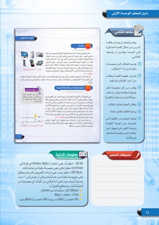 14
‫األولى‬ ‫الوحـدة‬ :‫المعلم‬ ‫دليل‬
.‫ثنائي‬‫رقم‬‫أي‬)binary digit(‫لـ‬‫اختصار‬‫وهي‬،ْ‫ت‬ِّ‫ب‬‫تنطق‬: (b) bit
.‫تات‬ِّ‫ب‬‫ثمانية‬‫من‬‫مكونة‬‫مجموعة‬‫وهي‬،‫أوكتي‬‫تنطق‬:(o) Octet
‫ـق‬‫ـ‬‫يطل‬ ‫ـت‬‫ـ‬‫باي‬ ‫كان‬ ‫ـر‬‫ـ‬‫الكمبيوت‬ ‫ـات‬‫ـ‬‫بداي‬ ‫ـي‬‫ـ‬‫ف‬ .‫ـت‬‫ـ‬‫باي‬ ‫ـق‬‫ـ‬‫تنط‬ :(B) Byte
،‫ـت‬‫ـ‬‫ب‬ 16 ‫ـى‬‫ـ‬‫إل‬ ‫ـل‬‫ـ‬‫تص‬ ‫أن‬ ‫ـن‬‫ـ‬‫يمك‬ ‫ـات‬‫ـ‬‫ت‬ِّ‫ب‬ ‫ـدة‬‫ـ‬‫ع‬ ‫ـن‬‫ـ‬‫م‬ ‫ـة‬‫ـ‬‫مكون‬ ‫ـة‬‫ـ‬‫مجموع‬ ‫ـى‬‫ـ‬‫عل‬
‫ـن‬‫ـ‬‫م‬ ‫ـة‬‫ـ‬‫مجموع‬ ‫أي‬ ‫ـات‬‫ـ‬‫ت‬ِّ‫ب‬‫ال‬ ‫ـن‬‫ـ‬‫م‬ ‫ـي‬‫ـ‬‫أوكت‬ ‫ـه‬‫ـ‬‫أن‬ ‫ـى‬‫ـ‬‫عل‬ ‫ـت‬‫ـ‬‫باي‬ ‫ف‬ِِ‫ـر‬‫ـ‬ُّ‫ع‬ ً‫ا‬‫ـ‬‫ـ‬‫وحديث‬
:‫أن‬ ‫ـول‬‫ـ‬‫الق‬ ‫ـتطيع‬‫ـ‬‫ونس‬ .‫ـات‬‫ـ‬‫ت‬ِّ‫ب‬ ‫ـة‬‫ـ‬‫ثماني‬
.)octet( ‫من‬ ‫استخداما‬ ‫أكثر‬ )Byte(
Byte = octet = 8 bit
‫بايت‬ )Byte(‫لـ‬ ‫اختصار‬ )B( ‫بينما‬ ،‫بت‬ )bit( ‫لـ‬ ‫اختصار‬ )b(
‫إثرائية‬ ‫معلومات‬
‫افتتاحي‬ ‫نشاط‬
‫طالبــه‬ ‫يجــذب‬ ‫أن‬ ‫للمعلــم‬ ‫يمكــن‬
‫ـورة‬‫ـ‬‫المذك‬ ‫ـة‬‫ـ‬‫القص‬ ‫ـال‬‫ـ‬‫خ‬ ‫ـن‬‫ـ‬‫م‬ ‫ـدرس‬‫ـ‬‫لل‬
‫يقدمهــا‬ ‫أن‬ ‫ويقتــرح‬ ‫الوحــدة‬ ‫فــي‬
:‫كالتالــي‬
11‫ـات‬‫ـ‬‫مجموع‬ ‫ـى‬‫ـ‬‫إل‬ ‫ـاب‬‫ـ‬‫الط‬ ‫ـم‬‫ـ‬‫يقس‬
.‫ـاب‬‫ـ‬‫ط‬ )6-5( ‫ـن‬‫ـ‬‫م‬ ‫ـة‬‫ـ‬‫مكون‬
22‫ويطلــب‬ ‫القصــة‬ ‫عليهــم‬ ‫يعــرض‬
.‫قراءتهــا‬ ‫الطــاب‬ ‫أحــد‬ ‫مــن‬
33‫ذكــر‬ ‫مجموعــة‬ ‫كل‬ ‫مــن‬ ‫يطلــب‬
‫تنقــذ‬ ‫أن‬ ‫يمكــن‬ ‫مختلفــة‬ ‫طريقــة‬
‫التقنيــة‬‫باســتخدام‬‫الشــاب‬‫حيــاة‬
44.‫الطالب‬ ‫إجابات‬ ‫المعلم‬ ‫يناقش‬
55.‫إجابة‬ ‫أفضل‬ ‫الطالب‬ ‫يرشح‬
66‫إلــى‬ ‫خاللهــا‬ ‫مــن‬ ‫المعلــم‬ ‫ينتقــل‬
‫التقنيــة‬ ‫أهميــة‬ ‫عــن‬ ‫الحديــث‬
‫ـور‬‫ـ‬‫أم‬ ‫ـهيل‬‫ـ‬‫تس‬ ‫ـي‬‫ـ‬‫ف‬ ‫ـر‬‫ـ‬‫الكبي‬ ‫ـا‬‫ـ‬‫ودوره‬
‫ـعار‬‫ـ‬‫(استش‬ ‫ـة‬‫ـ‬‫قيم‬ ‫ـرس‬‫ـ‬‫غ‬ )‫ـا‬‫ـ‬‫حياتن‬
.)‫ـه‬‫ـ‬ّ‫ل‬‫ال‬ ‫ـم‬‫ـ‬‫نع‬
‫المعلم‬ ‫ملحوظات‬
 