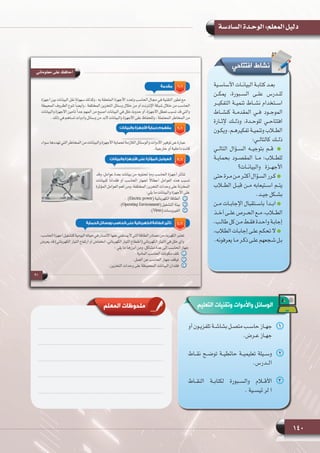 140
‫السادسة‬ ‫الوحـدة‬ :‫المعلم‬ ‫دليل‬
‫ـية‬‫ـ‬‫األساس‬ ‫ـات‬‫ـ‬‫البيان‬ ‫ـة‬‫ـ‬‫كتاب‬ ‫ـد‬‫ـ‬‫بع‬
‫يمكــن‬ ،‫الســبورة‬ ‫علــى‬ ‫للــدرس‬
‫التفكيــر‬ ‫تنميــة‬ ‫نشــاط‬ ‫اســتخدام‬
‫كنشــاط‬ ‫المقدمــة‬ ‫فــي‬ ‫الموجــود‬
‫إلثــارة‬ ‫وذلــك‬ ،‫للوحــدة‬ ‫افتتاحــي‬
‫ـون‬‫ـ‬‫ويك‬ .‫ـم‬‫ـ‬‫تفكيره‬ ‫ـة‬‫ـ‬‫وتنمي‬ ‫ـاب‬‫ـ‬‫الط‬
:‫كالتالــي‬ ‫ذلــك‬
‫التالــي‬ ‫الســؤال‬ ‫بتوجيــه‬ ‫قــم‬
‫بحمايــة‬ ‫المقصــود‬ ‫مــا‬ :‫للطــاب‬
‫والبيانــات؟‬ ‫األجهــزة‬
‫حتى‬ ‫ـرة‬‫ـ‬‫م‬ ‫ـن‬‫ـ‬‫م‬ ‫ـر‬‫ـ‬‫أكث‬ ‫ـؤال‬‫ـ‬‫الس‬ ‫ـرر‬‫ـ‬‫ك‬
‫الطــاب‬ ‫قبــل‬ ‫مــن‬ ‫اســتيعابه‬ ‫يتــم‬
.‫ـد‬‫ـ‬‫جي‬ ‫ـكل‬‫ـ‬‫بش‬
‫مــن‬ ‫اإلجابــات‬ ‫باســتقبال‬ ‫ابــدأ‬
‫أخــذ‬ ‫علــى‬ ‫الحــرص‬ ‫مــع‬ ،‫الطــاب‬
.‫ـب‬‫ـ‬‫طال‬ ‫كل‬ ‫ـن‬‫ـ‬‫م‬ ‫ـط‬‫ـ‬‫فق‬ ‫ـدة‬‫ـ‬‫واح‬ ‫ـة‬‫ـ‬‫إجاب‬
،‫الطالب‬ ‫ـات‬‫ـ‬‫إجاب‬ ‫ـى‬‫ـ‬‫عل‬ ‫ـم‬‫ـ‬‫ال تحك‬
.‫يعرفونه‬ ‫ـا‬‫ـ‬‫م‬ ‫ـر‬‫ـ‬‫ذك‬ ‫ـى‬‫ـ‬‫عل‬ ‫ـجعهم‬‫ـ‬‫ش‬ ‫ـل‬‫ـ‬‫ب‬
‫افتتاحي‬ ‫نشاط‬
‫التعليم‬ ‫وتقنيات‬ ‫واألدوات‬ ‫الوسائل‬
11‫أو‬ ‫ـون‬‫ـ‬‫تلفزي‬ ‫ـة‬‫ـ‬‫بشاش‬ ‫ـل‬‫ـ‬‫متص‬ ‫ـب‬‫ـ‬‫حاس‬ ‫ـاز‬‫ـ‬‫جه‬
.‫ـرض‬‫ـ‬‫ع‬ ‫ـاز‬‫ـ‬‫جه‬
22‫نقــاط‬ ‫توضــح‬ ‫حائطيــة‬ ‫تعليميــة‬ ‫وســيلة‬
.‫الــدرس‬
33‫النقــاط‬ ‫لكتابــة‬ ‫والســبورة‬ ‫األقــام‬
. ‫ئيســية‬ ‫لر‬ ‫ا‬
‫المعلم‬ ‫ملحوظات‬
 