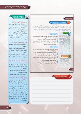 143
‫معلوماتي‬ ‫على‬ ‫أحافظ‬ :‫المعلم‬ ‫دليل‬
‫المعلم‬ ‫ملحوظات‬
‫الغبار‬ ‫من‬ ‫األجهزة‬ ‫حماية‬ ‫طرق‬
‫فــي‬ ‫للهــواء‬ ‫منــق‬ ‫جهــاز‬ ‫اســتعمال‬
. ‫الغرفــة‬
‫ـتيكي‬‫ـ‬‫بالس‬ ‫ـاء‬‫ـ‬‫بغط‬ ‫ـب‬‫ـ‬‫الحاس‬ ‫ـة‬‫ـ‬‫تغطي‬
‫ـاز‬‫ـ‬‫الجه‬ ‫ـاق‬‫ـ‬‫إغ‬ ‫ـد‬‫ـ‬‫عن‬
‫باستخدام‬ ‫دوري‬ ‫بشكل‬ ‫األتربة‬ ‫إزالة‬
. ‫منظف‬ ‫محلول‬ ‫بها‬ ‫قماش‬ ‫قطعة‬
‫األتربــة‬ ‫شــفط‬ ‫جهــاز‬ ‫اســتخدام‬
‫إيقــاف‬ ‫بعــد‬ ‫النظــام‬ ‫لوحــة‬ ‫لتنظيــف‬
.‫الحاســب‬
‫السوائل‬ ‫من‬ ‫األجهزة‬ ‫حماية‬ ‫طرق‬
‫استخدام‬ ‫أثناء‬ ‫السـوائل‬ ‫شـرب‬ ‫عدم‬
.‫األجهزة‬
‫ـذة‬‫ـ‬‫الناف‬ ‫ـن‬‫ـ‬‫ع‬ ً‫ا‬‫ـد‬‫ـ‬‫بعي‬ ‫ـزة‬‫ـ‬‫األجه‬ ‫ـع‬‫ـ‬‫وض‬
‫ســوائل‬ ‫أي‬ ‫أو‬ ‫األمطــار‬ ‫وصــول‬ ‫خشــية‬
.‫ـرى‬‫ـ‬‫أخ‬
‫بالمنظفــات‬ ‫األجهــزة‬ ‫تنظيــف‬
‫ســوائل‬ ‫أي‬ ‫اســتخدام‬ ‫وعــدم‬ ‫الخاصــة‬
. ‫للتنظيــف‬
‫ـرودة‬‫ـ‬‫والب‬ ‫ـرارة‬‫ـ‬‫الح‬ ‫ـن‬‫ـ‬‫م‬ ‫ـزة‬‫ـ‬‫األجه‬ ‫ـة‬‫ـ‬‫لحماي‬
‫العالية‬
‫بعيــدة‬ ‫أماكــن‬ ‫فــي‬ ‫الحاســب‬ ‫وضــع‬
‫البــرودة‬ ‫أو‬ ‫الحــرارة‬ ‫مصــادر‬ ‫عــن‬
.‫العاليــة‬
‫ـل‬‫ـ‬‫داخ‬ ‫ـد‬‫ـ‬‫وتبري‬ ‫ـة‬‫ـ‬‫تهوي‬ ‫ـراوح‬‫ـ‬‫م‬ ‫ـب‬‫ـ‬‫تركي‬
.‫ـب‬‫ـ‬‫الحاس‬ ‫ـدوق‬‫ـ‬‫صن‬
.‫معتدلة‬ ‫الغرفة‬ ‫حرارة‬ ‫أن‬ ‫من‬ ‫التأكد‬
‫مــع‬ ‫التعامــل‬ ‫فــي‬ ‫اإلرشــادات‬ ‫بعــض‬
‫األجهــزة‬
‫ـى‬‫ـ‬‫إل‬ ‫ـكان‬‫ـ‬‫م‬ ‫ـن‬‫ـ‬‫م‬ ‫ـزة‬‫ـ‬‫األجه‬ ‫ـل‬‫ـ‬‫نق‬ ‫ـد‬‫ـ‬‫عن‬
ً‫ا‬‫ـ‬‫ـ‬‫تجنب‬ ‫ـذر‬‫ـ‬‫بح‬ ‫ـا‬‫ـ‬‫معه‬ ‫ـل‬‫ـ‬‫التعام‬ ‫ـب‬‫ـ‬‫يج‬ ‫ـر‬‫ـ‬‫آخ‬
.‫للســقوط‬
‫الخارجي  لهاتفك‬ ‫الغطاء‬ ‫استخدام‬
‫تحافـظ‬ ‫حتـى‬ ‫المحمـول‬ ‫حاسـبك‬ ‫أو‬
.‫واالحتـكاكات‬ ‫الخـدوش‬ ‫مـن‬ ‫عليـه‬
‫فيـــه‬ ‫المســـتخدم‬ ‫غيـــر‬ ‫الوقـــت‬ ‫فـــي‬
‫يجـــب‬ ‫المحمـــول‬ ‫حاســـبك‬ ‫أو‬ ‫هاتفـــك‬
  ً‫ا‬‫ـ‬‫ـ‬‫ـ‬‫حفاظ‬ ‫كاألدراج‬ ‫ـن‬‫ـ‬‫ـ‬‫آم‬ ‫ـكان‬‫ـ‬‫ـ‬‫م‬ ‫ـي‬‫ـ‬‫ـ‬‫ف‬ ‫ـه‬‫ـ‬‫ـ‬‫وضع‬
‫أو‬ ‫للســـقوط‬ ‫يتعـــرض‬ ‫وحتـــى ال‬ ‫عليـــه‬
.‫الخـــدش‬
‫إثرائية‬ ‫معلومات‬
 