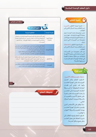 144
‫السادسة‬ ‫الوحـدة‬ :‫المعلم‬ ‫دليل‬
‫المعلم‬ ‫ملحوظات‬
)‫(التبريــر‬ ‫التفكيــر‬ ‫مهــارة‬ ‫لتنميــة‬
‫ـى‬‫ـ‬‫إل‬ ‫ـي‬‫ـ‬‫التال‬ ‫ـؤال‬‫ـ‬‫الس‬ ‫ـه‬‫ـ‬‫وج‬ ‫ـاب‬‫ـ‬‫الط‬ ‫ـدى‬‫ـ‬‫ل‬
:‫الطــاب‬
  ‫ل‬‫حــو‬ ‫الوحــدة‬ ‫هــذه‬ ‫موضوعــات‬ ‫تــدور‬
‫تــرى‬ ‫فهــل‬ . ‫والبيانــات‬ ‫األجهــزة‬ ‫حمايــة‬
‫ـدم‬‫ـ‬‫ق‬ ‫ـم؟‬‫ـ‬‫مه‬ ‫ـات‬‫ـ‬‫والبيان‬ ‫ـزة‬‫ـ‬‫األجه‬ ‫ـة‬‫ـ‬‫حماي‬ ‫أن‬
‫تدعــم‬ ‫التــي‬ ‫التبريــرات‬ ‫مــن‬ ‫مجموعــة‬
.‫رأيــك‬
)‫ـة‬‫ـ‬‫(المالحظ‬ ‫ـر‬‫ـ‬‫التفكي‬ ‫ـارة‬‫ـ‬‫مه‬ ‫ـة‬‫ـ‬‫لتنمي‬
‫ـى‬‫ـ‬‫إل‬ ‫ـي‬‫ـ‬‫التال‬ ‫ـؤال‬‫ـ‬‫الس‬ ‫ـه‬‫ـ‬‫وج‬ ‫ـاب‬‫ـ‬‫الط‬ ‫ـدى‬‫ـ‬‫ل‬
:‫ـاب‬‫ـ‬‫الط‬
‫اإلجـــراءات‬ ‫مـــن‬ ‫مجموعـــة‬ ‫ذكـــر‬ ‫تـــم‬
‫األجهـــزة‬ ‫حمايـــة‬ ‫فـــي‬ ‫تســـاعدك‬ ‫التـــي‬
‫ـة‬‫ـ‬‫ـ‬‫التقني‬ ‫ـتخدام‬‫ـ‬‫ـ‬‫اس‬ ‫ـال‬‫ـ‬‫ـ‬‫خ‬ ‫ـن‬‫ـ‬‫ـ‬‫م‬ .‫ـات‬‫ـ‬‫ـ‬‫والبيان‬
‫ـراء‬‫ـ‬‫ـ‬‫إج‬ ‫ـم‬‫ـ‬‫ـ‬‫أه‬ ‫ـو‬‫ـ‬‫ـ‬‫ه‬ ‫ـا‬‫ـ‬‫ـ‬‫م‬ ‫ـة‬‫ـ‬‫ـ‬‫اليومي‬ ‫ـك‬‫ـ‬‫ـ‬‫حيات‬ ‫ـي‬‫ـ‬‫ـ‬‫ف‬
‫ـرك؟‬‫ـ‬‫ـ‬‫نظ‬ ‫ـة‬‫ـ‬‫ـ‬‫وجه‬ ‫ـن‬‫ـ‬‫ـ‬‫م‬
‫التفكير‬ ‫تنمية‬
‫قيمة‬ ‫غرس‬
)‫اآلخرين‬ ‫وممتلكات‬ ‫حقوق‬ ‫(حفظ‬
‫أضــرار‬ ‫بذكــر‬ ‫المعلــم‬ ‫يقــوم‬
‫الحاســب‬ ‫أجهــزة‬ ‫علــى‬ ‫الفيروســات‬
‫فقــدان‬ ‫إلــى‬ ‫تــؤدي‬ ‫قــد‬ ‫وإنهــا‬
‫ـرقة‬‫ـ‬‫س‬ ‫ـى‬‫ـ‬‫إل‬ ‫ـة  أو‬‫ـ‬‫المحفوظ‬ ‫ـات‬‫ـ‬‫البيان‬
‫الحاســب‬ ‫علــى‬ ‫الموجــودة‬ ‫الملفــات‬
ً‫ا‬‫تعديــ‬ ‫تعتبــر‬ ‫الفيروســات‬ ‫هــذه‬ ‫وأن‬
‫أو‬ ‫بالتخريــب‬ ‫اآلخريــن‬ ‫حقــوق‬ ‫علــى‬
‫الســؤال‬ ‫المعلــم‬ ‫يوجــه‬ ‫ثــم‬ ‫بالســرقة‬
: ‫التالــي‬
‫ـن‬‫ـ‬‫الذي‬ ‫ـخاص‬‫ـ‬‫األش‬ ‫ـى‬‫ـ‬‫عل‬ ‫ـق‬‫ـ‬‫يطل‬ ‫ـاذا‬‫ـ‬‫م‬
‫الحاســب‬ ‫أجهــزة‬ ‫باختــراق‬ ‫يقومــون‬
‫الجواب‬ ‫؟‬ ‫ـرقة‬‫ـ‬‫والس‬ ‫ـب‬‫ـ‬‫التخري‬ ‫ـدف‬‫ـ‬‫به‬
. ) ‫ـرز‬‫ـ‬‫الهاك‬ (
‫إلى‬ ‫الطالب‬ ‫بتوجيه‬ ‫المعلم‬ ‫يقوم‬
‫الحاسب‬ ‫معمل‬ ‫على‬ ‫الحفاظ‬ ‫ضرورة‬
.‫المدرسة‬ ‫مرافق‬ ‫جميع‬ ‫وعلى‬
 