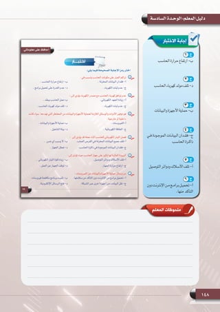 148
‫السادسة‬ ‫الوحـدة‬ :‫المعلم‬ ‫دليل‬
‫االختبار‬ ‫إجابة‬
‫الحاسب‬‫حرارة‬‫ارتفاع‬-‫ب‬
‫الحاسب‬‫كهرباء‬‫مولد‬‫تلف‬-‫د‬
‫والبيانات‬‫األجهزة‬‫حماية‬-‫ب‬
‫فـي‬ ‫الموجـودة‬ ‫البيانـات‬ ‫فقـدان‬ -‫ج‬
‫الحاسـب‬ ‫ذاكـرة‬
‫التوصيل‬‫ودوائر‬‫األسالك‬‫تلف‬-‫أ‬
‫دون‬‫اإلنترنت‬‫مـن‬‫برامـج‬‫تحميـل‬-‫أ‬
.‫منها‬ ‫التأكد‬
‫المعلم‬ ‫ملحوظات‬
1 ‫ج‬
2 ‫ج‬
3 ‫ج‬
4 ‫ج‬
5 ‫ج‬
6 ‫ج‬
 