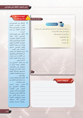 149
‫معلوماتي‬ ‫على‬ ‫أحافظ‬ :‫المعلم‬ ‫دليل‬
‫المعلم‬ ‫ملحوظات‬
11‫فــي‬ ‫المشــروع‬ ‫عــن‬ ‫اإلعــان‬
‫والــذي‬ ‫المناســب‬ ‫الوقــت‬
‫بدايــة‬ ‫فــي‬ ‫يكــون‬ ‫أن‬ ‫يفضــل‬
‫هــذه‬ ‫مــن‬ ‫الثانيــة‬ ‫الحصــة‬
.‫الوحــدة‬
22‫إنجــاز‬ ‫أهميــة‬ ‫علــى‬ ‫التأكيــد‬
‫وذلــك‬ ً‫ا‬‫ذاتيــ‬ ‫المشــاريع‬
‫المهــارات‬ ‫الطــاب‬ ‫إلكســاب‬
‫ـة‬‫ـ‬‫تنمي‬ ‫ـرص‬‫ـ‬‫ف‬ ‫ـادة‬‫ـ‬‫ولزي‬ ،‫ـة‬‫ـ‬‫الالزم‬
،‫لديهــم‬ ‫المتقدمــة‬ ‫المهــارات‬
‫الدافعيــة‬ ‫زيــادة‬ ‫عــن‬ ‫فضــا‬
‫مســتوى‬ ‫وتحســين‬ ‫للتعلــم‬
.‫النفــس‬ ‫علــى‬ ‫االعتمــاد‬
33‫البحــث‬ ‫إلــى‬ ‫الطــاب‬ ‫توجيــه‬
‫ـا‬‫ـ‬‫يحتاجونه‬ ‫ـي‬‫ـ‬‫الت‬ ‫ـة‬‫ـ‬‫المعلوم‬ ‫ـن‬‫ـ‬‫ع‬
‫مصــادر‬ ‫مــن‬ ‫أو‬ ‫الكتــاب‬ ‫مــن‬
‫التعلــم‬ ‫لتعزيــز‬ ‫وذلــك‬ ‫أخــرى‬
.‫لديهــم‬ ‫الذاتــي‬
44‫مــن‬ ‫المشــروع‬ ‫تنفيــذ‬ ‫يتــم‬
‫أو‬ ً‫ا‬‫فرديــ‬ ‫جميعــا‬ ‫الطــاب‬
،‫مجموعــات‬ ‫فــي‬ ‫بتوزيعهــم‬
‫مجموعــة‬ ‫كل‬ ‫تختــار‬ ‫بحيــث‬
‫المعلــم‬ ‫بمشــاركة‬ ‫مشــروعها‬
‫الطــاب‬ ‫كفايــات‬ ‫مراعــاة‬ ‫مــع‬
.‫ومهاراتهــم‬
55‫أن‬ ‫ـى‬‫ـ‬‫عل‬ ‫ـاب‬‫ـ‬‫الط‬ ‫ـى‬‫ـ‬‫عل‬ ‫ـه‬‫ـ‬‫التنبي‬
‫ـن‬‫ـ‬‫ع‬ ‫ـل‬‫ـ‬‫ـث اليق‬‫ـ‬‫البح‬ ‫أوراق‬ ‫ـدد‬‫ـ‬‫ع‬
.‫ـات‬‫ـ‬‫صفح‬ ‫ـس‬‫ـ‬‫خم‬
66‫لعــرض‬ ‫موعــد‬ ‫تحديــد‬
‫مــع‬ ‫المشــاريع‬ ‫ومناقشــة‬
‫الجوانــب‬ ‫علــى‬ ‫التركيــز‬
‫لتعزيــز‬ ،‫األداء‬ ‫فــي‬ ‫اإليجابيــة‬
‫واكســابه‬ ‫بنفســه‬ ‫الطالــب‬ ‫ثقــة‬
‫مــع‬ ،‫اآلخــر‬ ‫الــرأي‬ ‫احتــرام‬
‫الالزمــة‬ ‫التوجيهــات‬ ‫تقديــم‬
 ‫مســتقبال‬ ‫األداء‬ ‫لتحســين‬
.‫ومحفــزة‬ ‫مناســبة‬ ‫بطريقــة‬
‫حــــول‬ ‫تنبيهـــات‬
‫الوحــدة‬ ‫مشـــروع‬
 