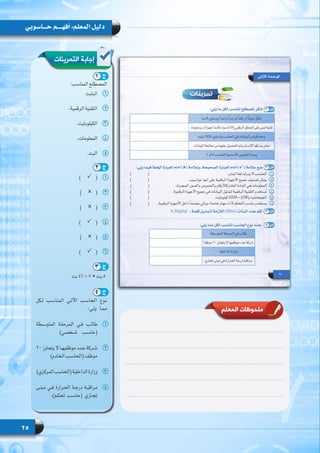 25
‫حـــاسوبي‬ ‫أفهــــم‬ :‫المعلم‬ ‫دليل‬
‫التمرينات‬ ‫إجابة‬
:‫المناسب‬ ‫المصطلح‬
11‫البايت‬
22.‫الرقمية‬ ‫التقنية‬
33.‫الكيلوبايت‬
44.‫المعلومات‬
55.‫البت‬
11)        (
22)        (
33)        (
44)        (
55)        (
66)        (
‫بت‬ 56 = 7 * ‫بت‬ 8
‫لـكل‬ ‫المناسـب‬ ‫اآللـي‬ ‫الحاسـب‬ ‫نـوع‬
:‫يلـي‬ ‫ممـا‬
11‫المتوسـطة‬ ‫المرحلـة‬ ‫فـي‬ ‫طالـب‬
)‫شـخصي‬ ‫(حاسـب‬
2220 ‫موظفيهـا ال يتجاوز‬ ‫عـدد‬ ‫شـركة‬
)‫الخادم‬ ‫(الحاسـب‬ ‫موظف‬
33)‫المركزي‬‫(الحاسب‬‫الداخلية‬‫وزارة‬
44‫مبنـى‬ ‫فـي‬ ‫الحـرارة‬ ‫درجـة‬ ‫مراقبـة‬
.)‫تحكـم‬ ‫(حاسـب‬ ‫تجـاري‬
‫المعلم‬ ‫ملحوظات‬
1 ‫ج‬
2 ‫ج‬
3 ‫ج‬
4 ‫ج‬
 