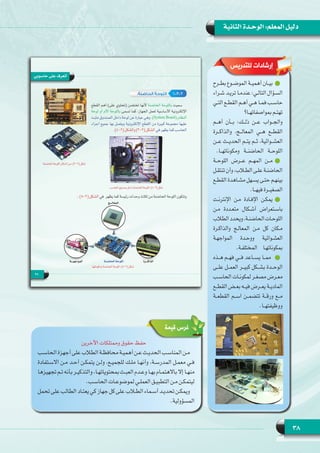 38
‫الثانية‬ ‫الوحـدة‬ :‫المعلم‬ ‫دليل‬
‫للتدريس‬ ‫إرشادات‬
‫ـرح‬‫ـ‬‫بط‬ ‫ـوع‬‫ـ‬‫الموض‬ ‫ـة‬‫ـ‬‫أهمي‬ ‫ـان‬‫ـ‬‫بي‬
‫ـراء‬‫ـ‬‫ش‬ ‫ـد‬‫ـ‬‫تري‬ ‫ـا‬‫ـ‬‫عندم‬ :‫ـي‬‫ـ‬‫التال‬ ‫ـؤال‬‫ـ‬‫الس‬
‫ـي‬‫ـ‬‫الت‬ ‫ـع‬‫ـ‬‫القط‬ ‫ـم‬‫ـ‬‫أه‬ ‫ـي‬‫ـ‬‫ه‬ ‫ـا‬‫ـ‬‫فم‬ ‫ـب‬‫ـ‬‫حاس‬
‫ـا؟‬‫ـ‬‫بمواصفاته‬ ‫ـم‬‫ـ‬‫تهت‬
‫أهــم‬ ‫بــأن‬ :‫ذلــك‬ ‫عــن‬ ‫والجــواب‬
‫والذاكــرة‬ ،‫المعالــج‬ ‫هــي‬ ‫القطــع‬
‫عــن‬ ‫الحديــث‬ ‫يتــم‬ ‫ثــم‬ ،‫العشــوائية‬
.‫ومكوناتهــا‬ ‫الحاضنــة‬ ‫اللوحــة‬
‫اللوحــة‬ ‫عــرض‬ ‫المهــم‬ ‫مــن‬
‫ـل‬‫ـ‬‫تنتق‬ ‫وأن‬ ،‫ـاب‬‫ـ‬‫الط‬ ‫ـى‬‫ـ‬‫عل‬ ‫ـة‬‫ـ‬‫الحاضن‬
‫ـع‬‫ـ‬‫القط‬ ‫ـاهدة‬‫ـ‬‫مش‬ ‫ـهل‬‫ـ‬‫يس‬ ‫ـى‬‫ـ‬‫حت‬ ‫ـم‬‫ـ‬‫بينه‬
.‫فيهــا‬ ‫الصغيــرة‬
‫اإلنترنـت‬ ‫مـن‬ ‫اإلفـادة‬ ‫يمكـن‬
‫مـن‬ ‫متعـددة‬ ‫أشـكال‬ ‫باسـتعراض‬
‫الطالب‬‫ويحدد‬،‫الحاضنـة‬‫اللوحـات‬
‫والذاكـرة‬ ‫المعالـج‬ ‫مـن‬ ‫كل‬ ‫مـكان‬
‫المواجهـة‬ ‫ووحـدة‬ ‫العشـوائية‬
.‫المختلفـة‬ ‫بمكوناتهـا‬
‫هــذه‬ ‫فهــم‬ ‫فــي‬ ‫يســاعد‬ ‫ممــا‬
‫علــى‬ ‫العمــل‬ ‫كبيــر‬ ‫بشــكل‬ ‫الوحــدة‬
‫ـب‬‫ـ‬‫الحاس‬ ‫ـات‬‫ـ‬‫لمكون‬ ‫ـر‬‫ـ‬‫مصغ‬ ‫ـرض‬‫ـ‬‫مع‬
‫ـع‬‫ـ‬‫القط‬ ‫ـض‬‫ـ‬‫بع‬ ‫ـه‬‫ـ‬‫في‬ ‫ـرض‬‫ـ‬‫يع‬ ‫ـة‬‫ـ‬‫المادي‬
‫القطعــة‬ ‫اســم‬ ‫تتضمــن‬ ‫ورقــة‬ ‫مــع‬
.‫ووظيفتهــا‬
‫اآلخرين‬ ‫وممتلكات‬ ‫حقوق‬ ‫حفظ‬
‫الحاسـب‬ ‫أجهزة‬ ‫على‬ ‫الطالب‬ ‫محافظـة‬ ‫أهميـة‬ ‫عـن‬ ‫الحديـث‬ ‫المناسـب‬ ‫مـن‬
‫االسـتفادة‬ ‫مـن‬ ‫أحـد‬ ‫يتمكـن‬ ‫ولـن‬ ،‫للجميـع‬ ‫ملـك‬ ‫وأنهـا‬ ،‫المدرسـة‬ ‫معمـل‬ ‫فـي‬
‫تجهيزها‬ ‫تـم‬ ‫بأنه‬ ‫والتذكيـر‬ ،‫بمحتوياتهـا‬ ‫العبـث‬ ‫وعـدم‬ ‫بهـا‬ ‫إال باالهتمـام‬ ‫منهـا‬
.‫الحاسـب‬ ‫لموضوعـات‬ ‫العملـي‬ ‫التطبيـق‬ ‫مـن‬ ‫ليتمكـن‬
‫تحمل‬ ‫على‬ ‫الطالب‬ ‫يعتـاد‬ ‫كي‬ ‫جهاز‬ ‫كل‬ ‫على‬ ‫الطلاب‬ ‫أسـماء‬ ‫تحديـد‬ ‫ويمكـن‬
.‫المسؤولية‬
‫قيمة‬ ‫غرس‬
 