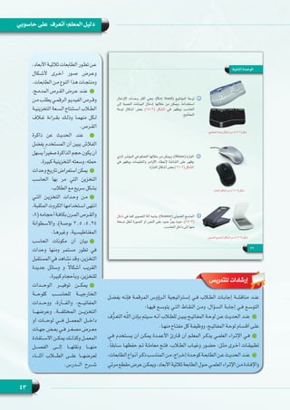 43
‫حاسوبي‬ ‫على‬ ‫أتعرف‬ :‫المعلم‬ ‫دليل‬
‫يفضـل‬ ‫فإنـه‬ ‫المرقمـة‬ ‫الـرؤوس‬ ‫إسـتراتيجية‬ ‫فـي‬ ‫الطلاب‬ ‫إجابـات‬ ‫مناقشـة‬ ‫عنـد‬
:‫فيهـا‬ ‫يتوسـع‬ ‫التـي‬ ‫النقـاط‬ ‫ومـن‬ ،‫السـؤال‬ ‫إجابـة‬ ‫فـي‬ ‫التوسـع‬
‫ف‬ُّ‫ر‬‫التعـ‬ ‫ـه‬ّ‫ل‬‫ال‬ ‫بـإذن‬ ‫سـيتم‬ ‫أنـه‬ ‫للطلاب‬ ‫يبيـن‬ ‫المفاتيـح‬ ‫لوحـة‬ ‫عـن‬ ‫الحديـث‬ ‫عنـد‬
.‫منهـا‬ ‫مفتـاح‬ ‫كل‬ ‫ووظيفـة‬ ،‫المفاتيـح‬ ‫لوحـة‬ ‫أقسـام‬ ‫علـى‬
‫فـي‬ ‫يسـتخدم‬ ‫أن‬ ‫يمكـن‬ ‫األعمـدة‬ ‫قـارئ‬ ‫أن‬ ‫المعلـم‬ ‫يذكـر‬ ‫العلمـي‬ ‫اإلثـراء‬ ‫فـي‬
.ً‫ا‬‫سـابق‬ ‫حفظهـا‬ ‫تـم‬ ‫معاملـة‬ ‫فتـح‬ ،‫الطلاب‬ ‫وغيـاب‬ ‫حضـور‬ :‫مثـل‬ ‫أخـرى‬ ‫تطبيقـات‬
،‫الطابعات‬ ‫أنـواع‬ ‫ذكـر‬ ‫المناسـب‬ ‫مـن‬ ،‫إخـراج‬ ‫كوحـدة‬ ‫الطابعـة‬ ‫عـن‬ ‫الحديـث‬ ‫عنـد‬
‫مرئي‬‫مقطع‬‫عرض‬‫ويمكـن‬،‫األبعاد‬‫ثالثية‬‫الطابعة‬‫حـول‬‫العلمـي‬‫اإلثـراء‬‫مـن‬‫واإلفـادة‬
،‫األبعاد‬ ‫ثالثيـة‬ ‫الطابعات‬ ‫تطـور‬ ‫عـن‬
‫ألشـكال‬ ‫أخـرى‬ ‫صـور‬ ‫وعـرض‬
.‫الطابعات‬ ‫مـن‬ ‫النوع‬ ‫هذا‬ ‫ومنتجـات‬
،‫المدمـج‬ ‫القـرص‬ ‫عـرض‬ ‫عنـد‬
‫مـن‬ ‫يطلـب‬ ‫الرقمـي‬ ‫الفيديـو‬ ‫وقـرص‬
‫التخزينيـة‬ ‫السـعة‬ ‫اسـتنتاج‬ ‫الطلاب‬
‫غلاف‬ ‫بقـراءة‬ ‫وذلـك‬ ‫منهمـا‬ ‫لـكل‬
.‫القـرص‬
‫ذاكرة‬ ‫عن‬ ‫الحديث‬ ‫عند‬
‫يفضل‬ ‫المستخدم‬ ‫أن‬ ‫يبين‬ ‫الفالش‬
‫يسهل‬ً‫ا‬‫صغير‬‫الذاكرة‬‫حجم‬‫يكون‬‫أن‬
.‫كبيرة‬ ‫التخزينية‬ ‫وسعته‬ ،‫حمله‬
‫وحدات‬ ‫تاريخ‬ ‫استعراض‬ ‫يمكن‬
‫الحاسب‬ ‫بها‬ ‫مر‬ ‫التي‬ ‫التخزين‬
.‫الطالب‬ ‫مع‬ ‫سريع‬ ‫بشكل‬
‫التـي‬ ‫التخزيـن‬ ‫وحـدات‬ ‫مـن‬
،‫المثقبة‬ ‫الكروت‬ ‫اسـتخدامها‬ ‫انتهى‬
،8(‫أحجامه‬‫بكافـة‬‫المـرن‬‫والقـرص‬
‫واالسـطوانة‬ ،)‫بوصـة‬ 3.5 ،5.25
.‫وغيرهـا‬ ،‫المغناطيسـية‬
‫الحاسب‬ ‫مكونات‬ ‫أن‬ ‫بيان‬
‫وحدات‬ ‫ومنها‬ ‫مستمر‬ ‫تطور‬ ‫في‬
‫المستقبل‬‫في‬‫نشاهد‬‫وقد‬،‫التخزين‬
‫جديدة‬ ‫وسائل‬ ‫و‬ ً‫ال‬‫أشكا‬ ‫القريب‬
.‫كبيرة‬ ‫وبأحجام‬ ،‫للتخزين‬
‫الوحـــدات‬ ‫توفيـــر‬ ‫يمكـــن‬
‫كلوحـــة‬ ‫للحاســـب‬ ‫الخارجيـــة‬
‫ووحـــدات‬ ،‫والفـــأرة‬ ،‫المفاتيـــح‬
‫وعرضهـــا‬ .‫المختلفـــة‬ ‫التخزيـــن‬
‫أو‬ ‫لوحـــات‬ ‫فـــي‬ ‫المعمـــل‬ ‫داخـــل‬
‫ـات‬‫ـ‬‫ـ‬‫جه‬ ‫ـض‬‫ـ‬‫ـ‬‫بع‬ ‫ـي‬‫ـ‬‫ـ‬‫ف‬ ‫ـر‬‫ـ‬‫ـ‬‫مصغ‬ ‫ـرض‬‫ـ‬‫ـ‬‫مع‬
‫ـتفادة‬‫ـ‬‫ـ‬‫االس‬ ‫ـن‬‫ـ‬‫ـ‬‫يمك‬ ‫ـك‬‫ـ‬‫ـ‬‫وكذل‬ ‫ـل‬‫ـ‬‫ـ‬‫المعم‬
‫الفصـــل‬ ‫إلـــى‬ ‫ونقلهـــا‬ ‫منهـــا‬
‫أثنـــاء‬ ‫الطـــاب‬ ‫علـــى‬ ‫لعرضهـــا‬
.‫الـــدرس‬ ‫شـــرح‬
‫للتدريس‬ ‫إرشادات‬
 