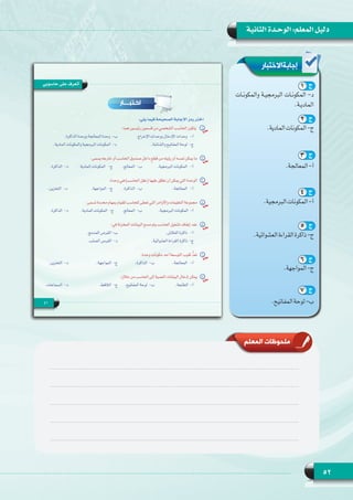 52
‫الثانية‬ ‫الوحـدة‬ :‫المعلم‬ ‫دليل‬
‫إجابةاالختبار‬
1
‫والمكونـات‬ ‫البرمجيـة‬ ‫المكونـات‬ -‫د‬
.‫الماديـة‬
2
.‫المادية‬‫المكونات‬-‫ج‬
3
.‫المعالجة‬-‫أ‬
4
.‫البرمجية‬‫المكونات‬-‫أ‬
5
.‫العشوائية‬‫القراءة‬‫ذاكرة‬-‫ج‬
6
.‫المواجهة‬-‫ج‬
7
.‫المفاتيح‬‫لوحة‬-‫ب‬
1 ‫ج‬
2 ‫ج‬
3 ‫ج‬
4 ‫ج‬
5 ‫ج‬
6 ‫ج‬
7 ‫ج‬
‫المعلم‬ ‫ملحوظات‬
 