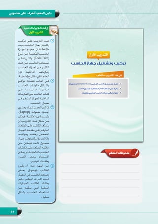 55
‫حاسوبي‬ ‫على‬ ‫أتعرف‬ :‫المعلم‬ ‫دليل‬
‫تنفيذ‬ ‫إلجراءات‬ ‫إرشادات‬
‫األول‬ ‫التدريب‬
11‫تركيـــب‬ ‫علـــى‬ ‫التدريـــب‬ ‫عنـــد‬
‫ـب‬‫ـ‬‫ـ‬‫يج‬ ،‫ـب‬‫ـ‬‫ـ‬‫الحاس‬ ‫ـاز‬‫ـ‬‫ـ‬‫جه‬ ‫ـغيل‬‫ـ‬‫ـ‬‫وتش‬
‫أجهـــزة‬ ‫جميـــع‬ ‫أن‬ ‫مالحظـــة‬
‫نـــوع‬ ‫مـــن‬ ‫المكتبيـــة‬ ‫الحاســـب‬
‫تمكـــن‬ ‫)  والتـــي‬Tools Free(
‫فـــك‬ ‫مـــن‬ ‫الحاســـب‬ ‫مســـتخدم‬
‫الحاســـب‬ ‫أجـــزاء‬ ‫مـــن‬ ‫الكثيـــر‬
‫دون‬ ‫الداخليـــة‬ ‫ومكوناتهـــا‬
.‫إضافيـــة‬‫مفاتيـــح‬‫ألي‬‫الحاجـــة‬
22‫مواقـــع‬ ‫تتشـــابه‬ ‫الغالـــب‬ ‫فـــي‬
‫الحاســـب‬ ‫مكونـــات‬ ‫وأشـــكال‬
‫فـــي‬ ‫المعروضـــة‬ ‫الداخليـــة‬
‫المكونـــات‬ ‫مـــع‬ ‫الطالـــب‬ ‫كتـــاب‬
‫ـي‬‫ـ‬‫ـ‬‫ف‬ ‫ـر‬‫ـ‬‫ـ‬‫المتوف‬ ‫ـاز‬‫ـ‬‫ـ‬‫للجه‬ ‫ـة‬‫ـ‬‫ـ‬‫الداخلي‬
.‫الحاســـب‬ ‫معمـــل‬
33‫يحتـــوي‬ ‫لديـــك‬ ‫المعمـــل‬ ‫كان‬ ‫إذا‬
،)Laptop( ‫محمولـــة‬ ‫أجهـــزة‬
‫ـن‬‫ـ‬‫ـ‬‫فيمك‬ ،‫ـة‬‫ـ‬‫ـ‬‫مكتبي‬ ‫ـزة‬‫ـ‬‫ـ‬‫أجه‬ ‫ـت‬‫ـ‬‫ـ‬‫وليس‬
‫أن‬ ‫التدريـــب‬ ‫هـــذا‬ ‫خـــال‬ ‫مـــن‬
‫ـذ‬‫ـ‬‫ـ‬‫المناف‬ ‫ـى‬‫ـ‬‫ـ‬‫عل‬ ‫ـب‬‫ـ‬‫ـ‬‫الطال‬ ‫ف‬َّ‫ر‬‫ـ‬‫ـ‬‫ـ‬‫يتع‬
‫ـاز‬‫ـ‬‫ـ‬‫الجه‬ ‫ـة‬‫ـ‬‫ـ‬‫مقدم‬ ‫ـي‬‫ـ‬‫ـ‬‫ف‬ ‫ـرة‬‫ـ‬‫ـ‬‫المتوف‬
،‫وجوانبـــه‬ ‫وخلفـــه‬ ‫المحمـــول‬
‫ـاز‬‫ـ‬‫ـ‬‫جه‬ ‫ـر‬‫ـ‬‫ـ‬‫توف‬ ‫ـكان‬‫ـ‬‫ـ‬‫باإلم‬ ‫كان‬ ‫وإذا‬
‫مـــن‬ ‫فيمكـــن‬ ‫تالـــف‬ ‫محمـــول‬
‫ـات‬‫ـ‬‫ـ‬‫مكون‬ ‫ـى‬‫ـ‬‫ـ‬‫عل‬ ‫ف‬ً‫ر‬‫ـ‬‫ـ‬‫ـ‬‫التع‬ ‫ـه‬‫ـ‬‫ـ‬‫خالل‬
‫يمكـــن‬ ‫أو‬ ،‫الداخليـــة‬ ‫الحاســـب‬
‫الصـــور‬ ‫ببعـــض‬ ‫االســـتعانة‬
.‫الفيديـــو‬ ‫وملفـــات‬
44‫يقـــوم‬ ‫أن‬ ً‫ا‬‫جـــد‬ ‫المهـــم‬ ‫مـــن‬
‫بعـــض‬ ‫بتوصيـــل‬ ‫الطالـــب‬
‫ـل‬‫ـ‬‫ـ‬‫المعم‬ ‫ـي‬‫ـ‬‫ـ‬‫ف‬ ‫ـب‬‫ـ‬‫ـ‬‫الحاس‬ ‫ـات‬‫ـ‬‫ـ‬‫وص‬
‫حتـــى‬ ،‫المعلـــم‬ ‫إشـــراف‬ ‫تحـــت‬
‫المهـــارات‬ ‫الطالـــب‬ ‫يمتلـــك‬
‫مـــن‬ ‫تمكنـــه‬ ‫التـــي‬ ‫العمليـــة‬
‫بشـــكل‬ ‫الحاســـب‬ ‫اســـتخدام‬
. ‫ســـليم‬
‫المعلم‬ ‫ملحوظات‬
 