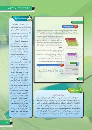 65
‫حـاسوبي‬ ‫أشغـــــل‬ :‫المعلم‬ ‫دليل‬
‫طالبية‬ ‫نشاطات‬
ً‫ا‬‫ـ‬‫ـ‬‫ـ‬‫بعض‬ ‫أو‬ ‫ـطة‬‫ـ‬‫ـ‬‫األنش‬ ‫ـذه‬‫ـ‬‫ـ‬‫ه‬ ‫ـذ‬‫ـ‬‫ـ‬‫نف‬
‫كمـــا‬ ‫الوحـــدة‬ ‫تدريـــس‬ ‫أثنـــاء‬ ‫منهـــا‬
:‫ـي‬‫ـ‬‫ـ‬‫يل‬ ‫ـا‬‫ـ‬‫ـ‬‫فيم‬ ‫ـاط‬‫ـ‬‫ـ‬‫نش‬ ‫ـكل‬‫ـ‬‫ـ‬‫ب‬ ‫ـح‬‫ـ‬‫ـ‬‫موض‬ ‫ـو‬‫ـ‬‫ـ‬‫ه‬
11‫االفتتاحـــي‬ ‫النشــــــــاط‬ ‫نفـــــــذ‬
‫الوحـــدة‬ ‫بدايـــة‬ ‫فـــي‬ ‫المذكـــور‬
‫ـول‬‫ـ‬‫ـ‬‫حــــ‬ ‫ـاب‬‫ـ‬‫ـ‬‫الطـــــــــــــ‬ ‫ـد‬‫ـ‬‫ـ‬‫لتمهي‬
.‫الوحـــدة‬ ‫موضوعـــات‬
‫ـي‬‫ـ‬‫ـ‬‫الت‬ ‫ـات‬‫ـ‬‫ـ‬‫العملي‬ ‫ـض‬‫ـ‬‫ـ‬‫بع‬ ‫ـرض‬‫ـ‬‫ـ‬‫ع‬
‫مثـــل‬ ‫الحاســـب‬ ‫بهـــا‬ ‫يقـــوم‬
‫الحاســـب‬ ‫إطفـــاء‬ ‫أو‬ ‫تشـــغيل‬
‫الملفـــات‬ ‫بعـــض‬ ‫تحميـــل‬ ‫أو‬
‫ـاب‬‫ـ‬‫ـ‬‫الط‬ ‫ـاعد‬‫ـ‬‫ـ‬‫يس‬ ‫ـا‬‫ـ‬‫ـ‬‫مم‬ ......
‫نظـــام‬ ‫مهـــام‬ ‫معرفـــة‬ ‫علـــى‬
. ‫التشـــغيل‬
22‫فيـــه‬ ‫يتـــم‬ ‫جماعـــي‬ ‫نشـــاط‬
‫ثـــاث‬ ‫إلـــى‬ ‫الطـــاب‬ ‫تقســـيم‬
‫عــــــــدد‬ ‫علـــى‬ ‫مجمــــــــــوعات‬
‫ويطلـــب‬ ‫التشـــغيل‬ ‫أنظمـــة‬
‫اختيـــار‬ ‫مجموعـــة‬ ‫كل‬ ‫مـــن‬
‫ثـــم‬ ‫ومـــن‬ ،‫األنظمـــة‬ ‫أحـــد‬
‫عـــن‬ ‫ســـريع‬ ‫ملخـــص‬ ‫تقديـــم‬
‫ـات‬‫ـ‬‫ـ‬‫المعلوم‬ ‫ـى‬‫ـ‬‫ـ‬‫عل‬ ‫ـاء‬‫ـ‬‫ـ‬‫بن‬ ‫ـام‬‫ـ‬‫ـ‬‫النظ‬
. ‫الكتـــاب‬ ‫فـــي‬ ‫الموجـــودة‬
33‫فيـــه‬ ‫يتـــم‬ ‫جماعـــي‬ ‫نشـــاط‬
‫إلـــى‬ ‫الطـــــــــــاب‬ ‫تقسيـــــــم‬
‫ـة‬‫ـ‬‫ـ‬‫أنظم‬ ‫ـدد‬‫ـ‬‫ـ‬‫ع‬ ‫ـى‬‫ـ‬‫ـ‬‫عل‬ ‫ـات‬‫ـ‬‫ـ‬‫مجموع‬
‫كل‬ ‫مـــن‬ ‫ويطلـــب‬ ‫التشـــغيل‬
‫ـن‬‫ـ‬‫ـ‬‫بي‬ ‫ـة‬‫ـ‬‫ـ‬‫مقارن‬ ‫ـل‬‫ـ‬‫ـ‬‫عم‬ ‫ـة‬‫ـ‬‫ـ‬‫مجموع‬
.‫الحاســـب‬ ‫تشـــغيل‬ ‫أنظمـــة‬
44‫ـوار‬‫ـ‬‫ـ‬‫ح‬ ‫ـي‬‫ـ‬‫ـ‬‫ف‬ ‫ـاب‬‫ـ‬‫ـ‬‫الط‬ ‫ـع‬‫ـ‬‫ـ‬‫م‬ ‫ـش‬‫ـ‬‫ـ‬‫ناق‬
‫ـغيل‬‫ـ‬‫ـ‬‫تش‬ ‫ـة‬‫ـ‬‫ـ‬‫أنظم‬ ‫ـواع‬‫ـ‬‫ـ‬‫أن‬ ‫ـي‬‫ـ‬‫ـ‬‫جماع‬
.‫ـة‬‫ـ‬‫ـ‬‫الذكي‬ ‫ـف‬‫ـ‬‫ـ‬‫الهوات‬
55‫ـوار‬‫ـ‬‫ـ‬‫ح‬ ‫ـي‬‫ـ‬‫ـ‬‫ف‬ ‫ـاب‬‫ـ‬‫ـ‬‫الط‬ ‫ـع‬‫ـ‬‫ـ‬‫م‬ ‫ـش‬‫ـ‬‫ـ‬‫ناق‬
‫أنظمـــة‬ ‫بيـــن‬ ‫الفـــرق‬ ‫جماعـــي‬
. ‫ـة‬‫ـ‬‫ـ‬‫الذكي‬ ‫ـف‬‫ـ‬‫ـ‬‫الهوات‬ ‫ـغيل‬‫ـ‬‫ـ‬‫تش‬
‫قيـــم‬ ‫غرس‬
‫األخرى‬‫اآلراء‬‫احترام‬
‫عــن‬ ‫التعبيــر‬ ‫علــى‬ ‫الطــاب‬ ‫مســاعدة‬ ‫علــى‬ ‫الجماعيــة‬ ‫األنشــطة‬ ‫تعمــل‬
،‫ـطة‬‫ـ‬‫األنش‬ ‫ـذه‬‫ـ‬‫ه‬ ‫ـي‬‫ـ‬‫ف‬ ‫ـا‬‫ـ‬‫طرحه‬ ‫ـم‬‫ـ‬‫يت‬ ‫ـي‬‫ـ‬‫الت‬ ‫ـكالت‬‫ـ‬‫المش‬ ‫ـأن‬‫ـ‬‫بش‬ ‫ـم‬‫ـ‬‫وأفكاره‬ ‫ـم‬‫ـ‬‫آرائه‬
‫كبيــر‬ ‫دور‬ ‫وللمعلــم‬ ،‫وثقافاتهــم‬ ‫قدراتهــم‬ ‫باختــاف‬ ‫الطــاب‬ ‫آراء‬ ‫وتختلــف‬
‫حريــة‬ ‫بــكل‬ ‫آرائهــم‬ ‫لعــرض‬ ‫وتشــجيعهم‬ ‫الطــاب‬ ‫جميــع‬ ‫مســاعدة‬ ‫فــي‬ ‫هنــا‬
‫ـم‬‫ـ‬‫للتعل‬ ‫ـة‬‫ـ‬‫الدافعي‬ ‫ـم‬‫ـ‬‫داخله‬ ‫ـي‬‫ـ‬‫ينم‬ ‫ـا‬‫ـ‬‫مم‬ ‫ـم‬‫ـ‬‫مجموعاته‬ ‫ـع‬‫ـ‬‫م‬ ‫ـة‬‫ـ‬‫جدي‬ ‫ـكل‬‫ـ‬‫ب‬ ‫ـتها‬‫ـ‬‫ومناقش‬
‫ـاص‬‫ـ‬‫االنتق‬ ‫ـي‬‫ـ‬‫ـك ال يعن‬‫ـ‬‫ذل‬ ‫وأن‬ ،‫ـم‬‫ـ‬‫له‬ ‫ـة‬‫ـ‬‫المخالف‬ ‫اآلراء‬ ‫ـل‬‫ـ‬‫تقب‬ ‫ـى‬‫ـ‬‫عل‬ ‫ـاعدهم‬‫ـ‬‫يس‬ ‫ـا‬‫ـ‬‫كم‬
.‫المطروحــة‬ ‫للمشــكالت‬ ‫أخــرى‬ ‫نظــر‬ ‫وجهــات‬ ‫لطــرح‬ ‫يهــدف‬ ‫بــل‬ ‫منهــم‬
 